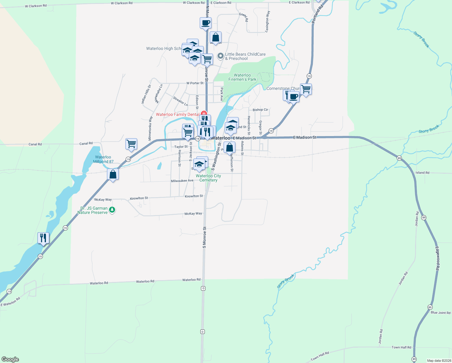 map of restaurants, bars, coffee shops, grocery stores, and more near 351 Peschel Street in Waterloo