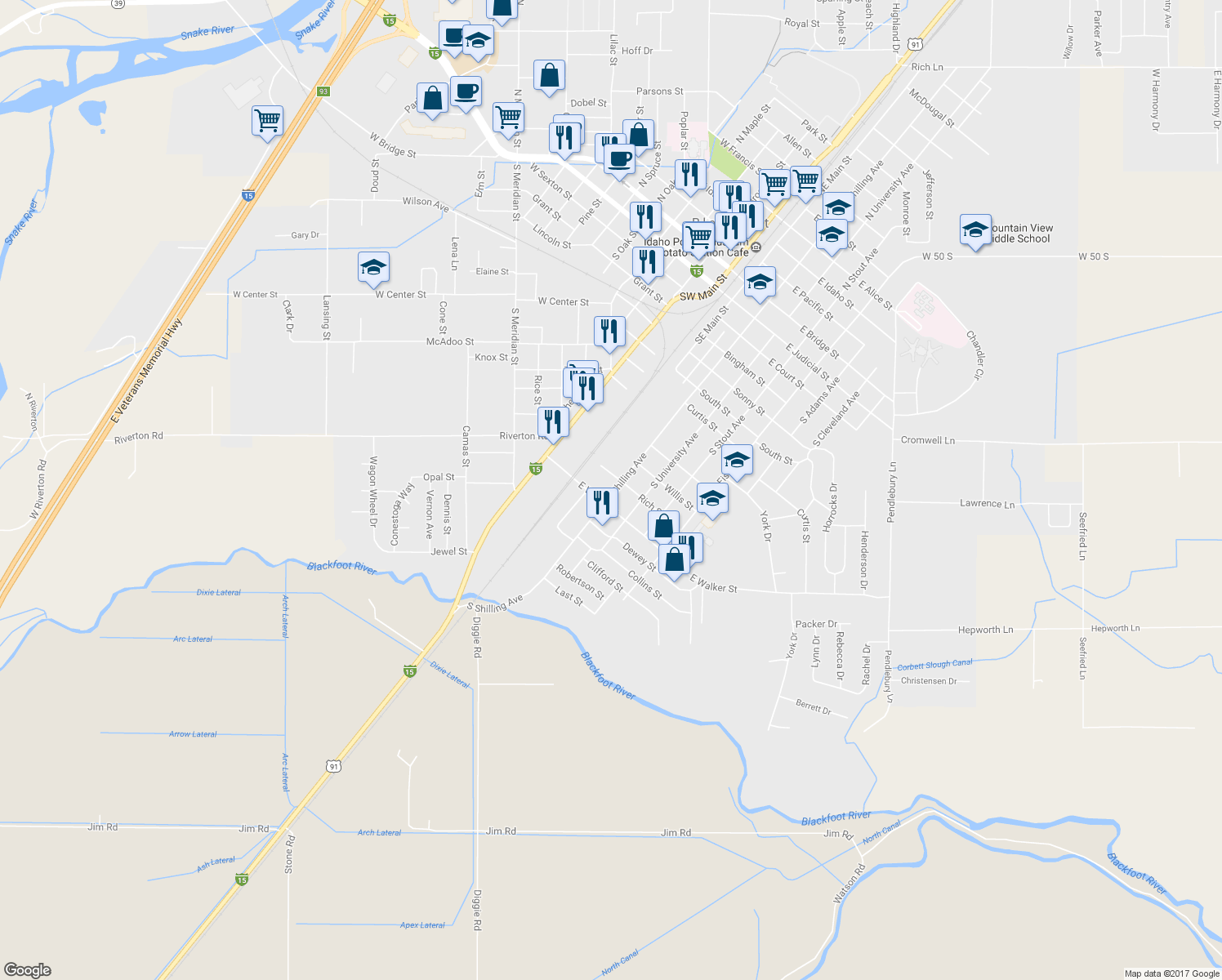 map of restaurants, bars, coffee shops, grocery stores, and more near 937 South Shilling Avenue in Blackfoot