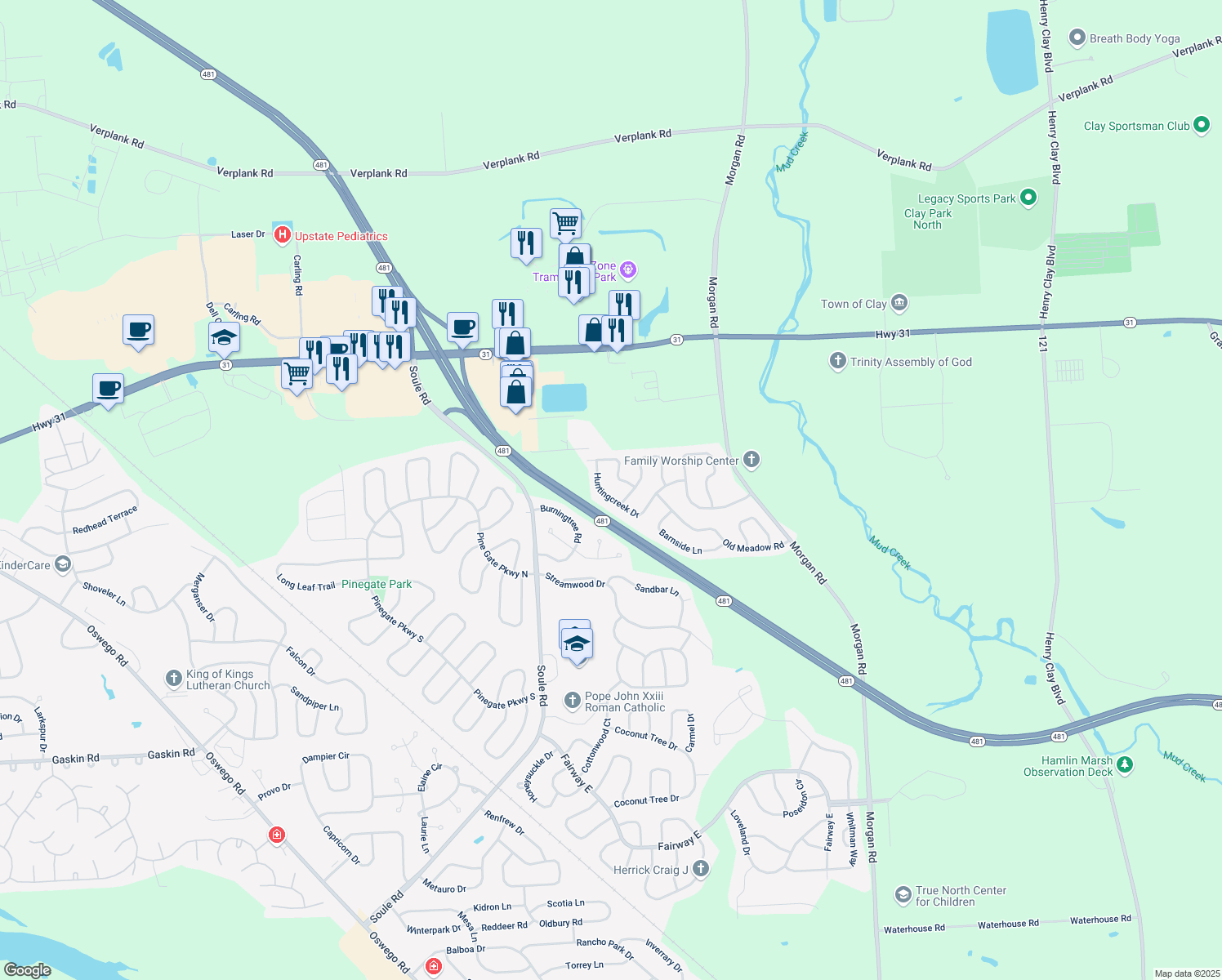 map of restaurants, bars, coffee shops, grocery stores, and more near 4215 Huntingcreek Drive in Clay