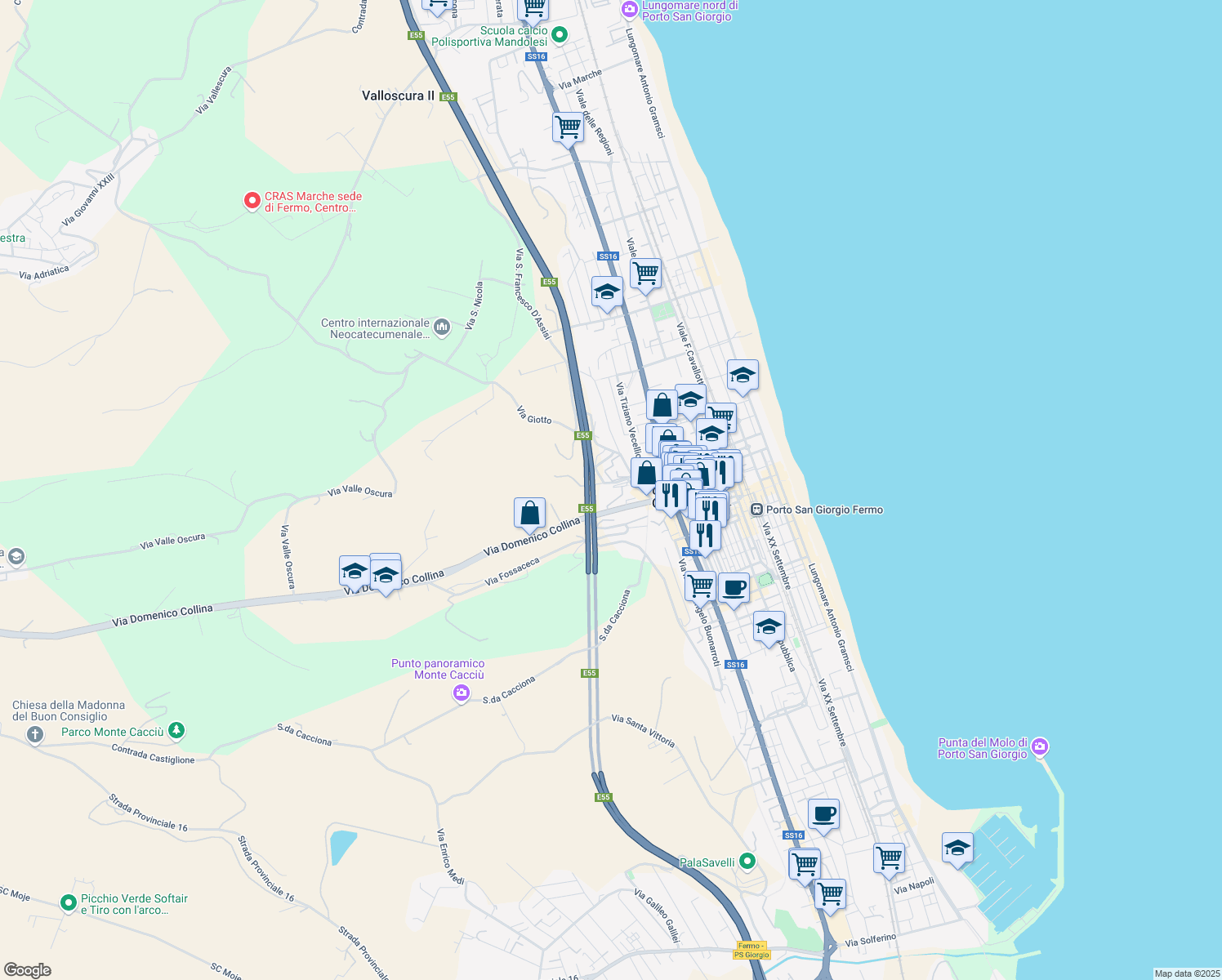 map of restaurants, bars, coffee shops, grocery stores, and more near 34 Via Costa dei Frati in Porto San Giorgio
