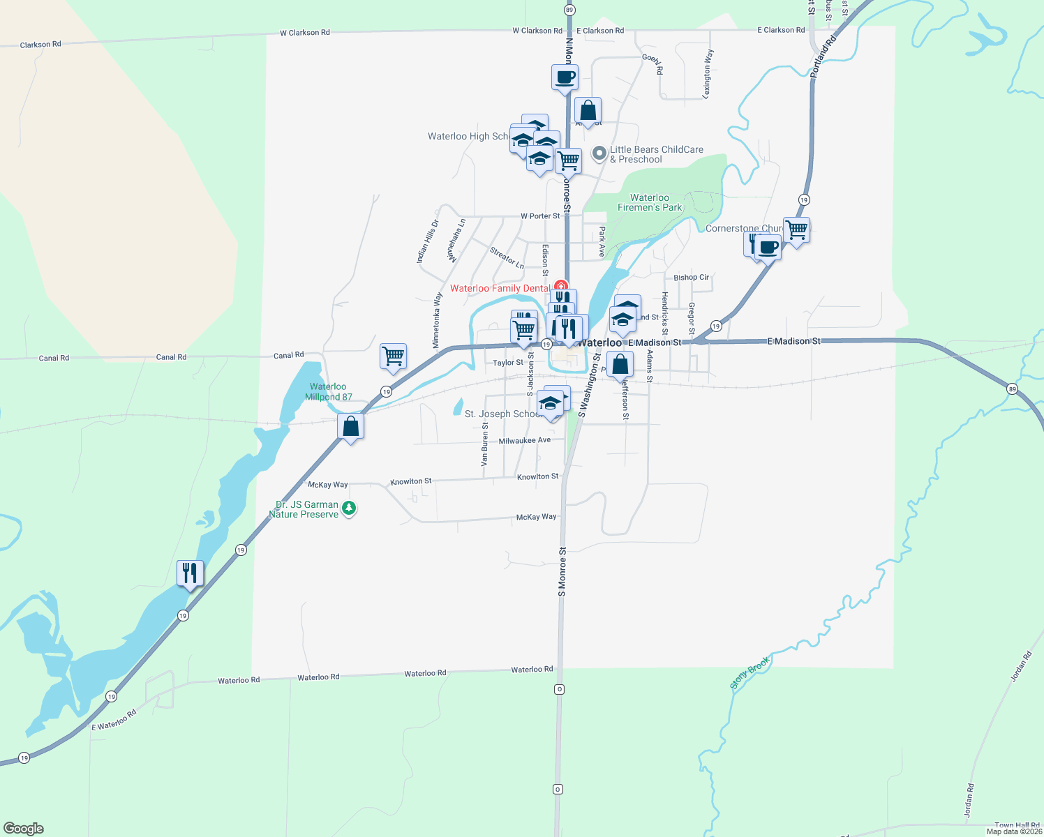 map of restaurants, bars, coffee shops, grocery stores, and more near 373 South Jackson Street in Waterloo