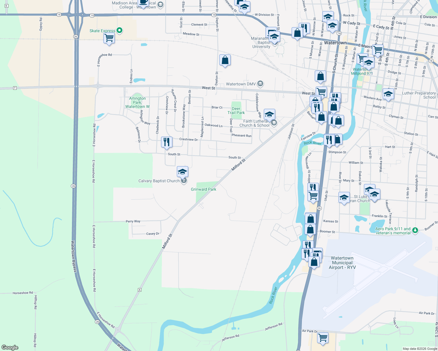 map of restaurants, bars, coffee shops, grocery stores, and more near 525 Grey Fox Run in Watertown