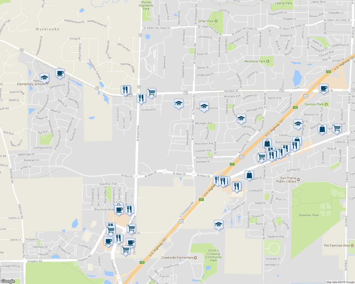 map of restaurants, bars, coffee shops, grocery stores, and more near 2364 Walnut Hill Lane in Sun Prairie