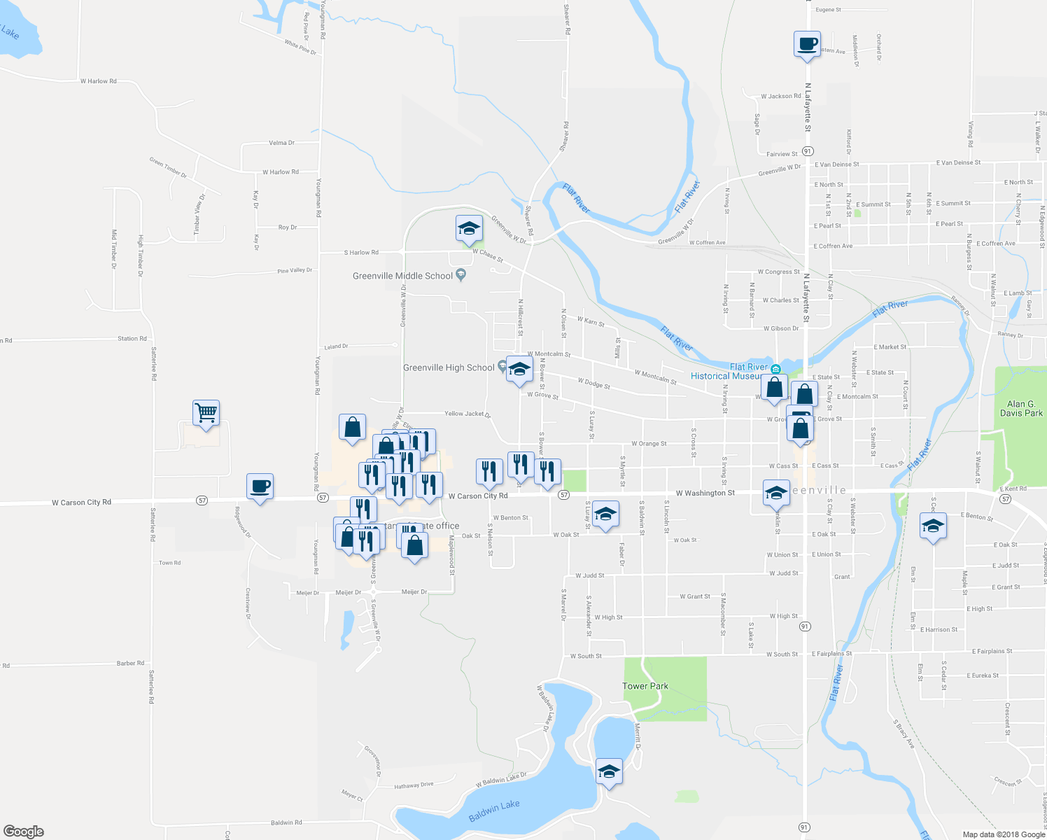 map of restaurants, bars, coffee shops, grocery stores, and more near 112 South Hillcrest Street in Greenville