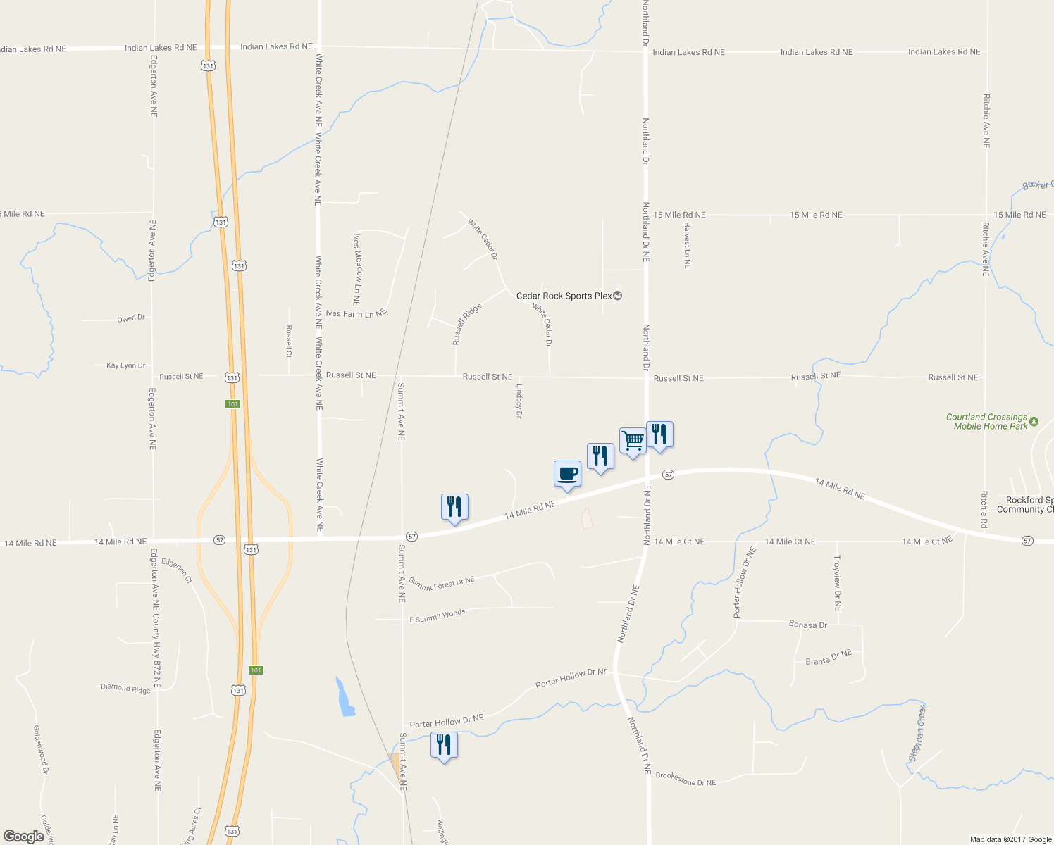 map of restaurants, bars, coffee shops, grocery stores, and more near 11870 Lindsey Drive in Cedar Springs