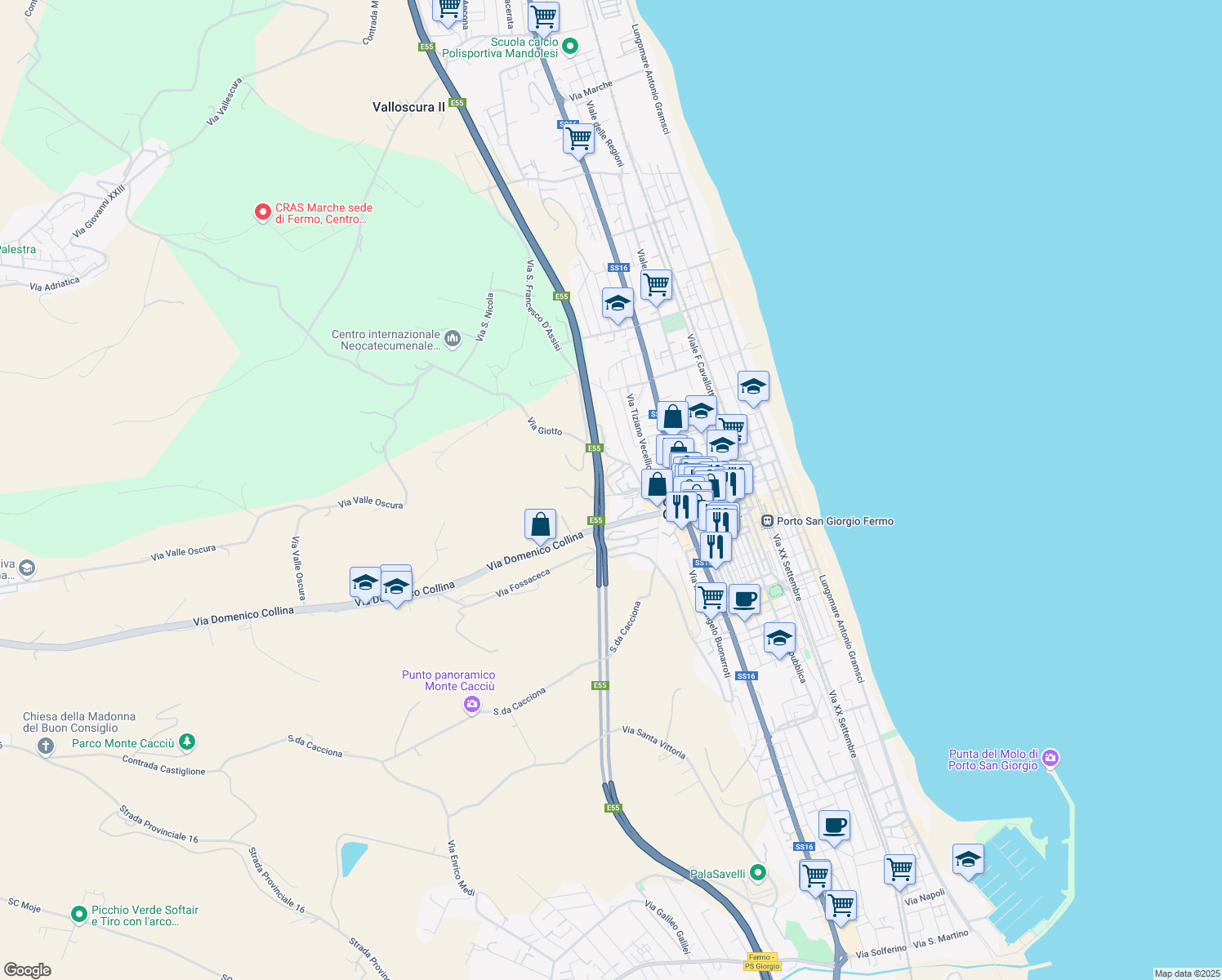 map of restaurants, bars, coffee shops, grocery stores, and more near 34 Via Costa dei Frati in Porto San Giorgio