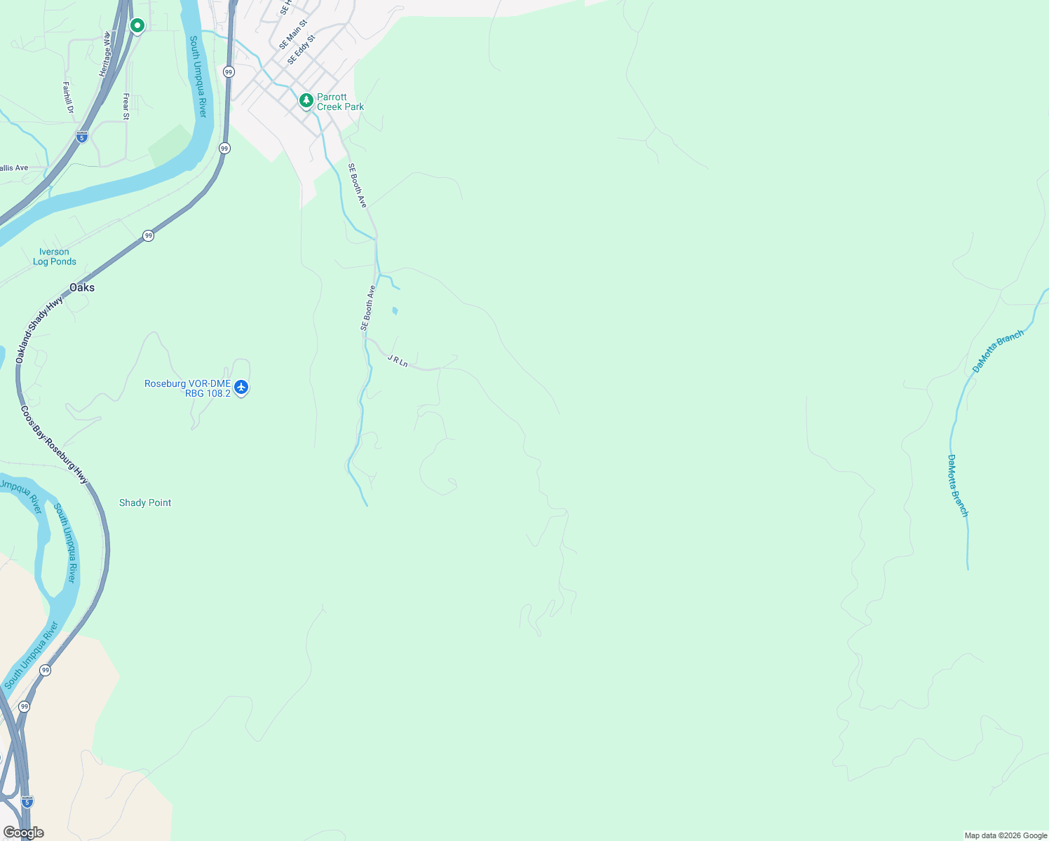 map of restaurants, bars, coffee shops, grocery stores, and more near 726 Southeast J R Lane in Roseburg