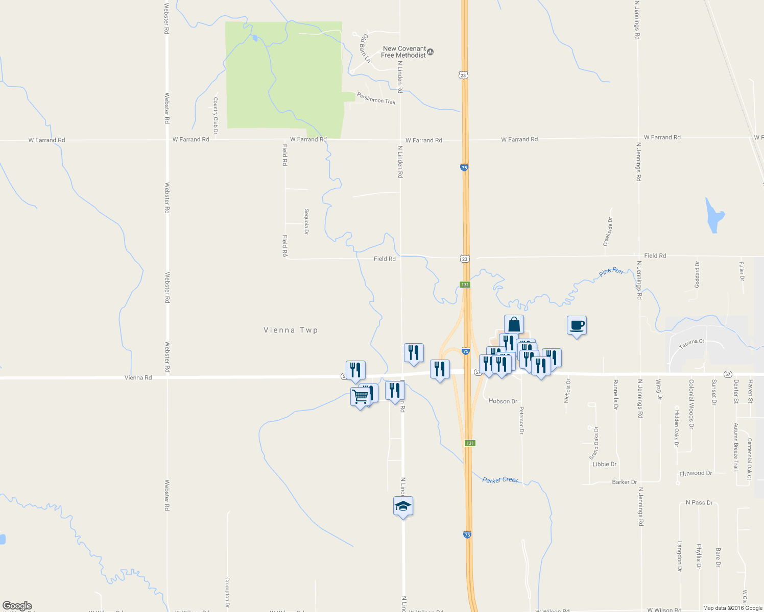 map of restaurants, bars, coffee shops, grocery stores, and more near 12157 N Linden Rd in Clio