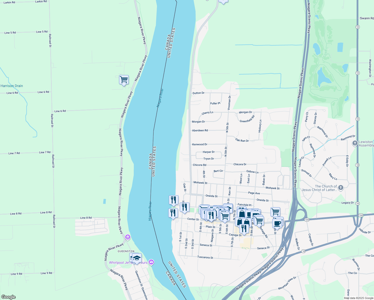 map of restaurants, bars, coffee shops, grocery stores, and more near 4760 Lower River Road in Lewiston