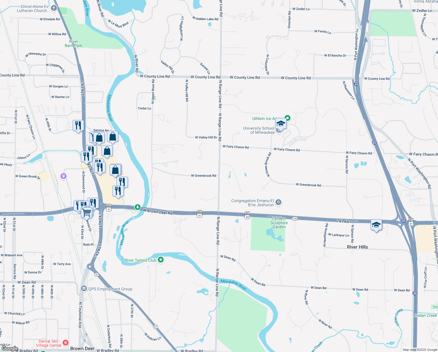 map of restaurants, bars, coffee shops, grocery stores, and more near 8998 N Range Line Rd in River Hills