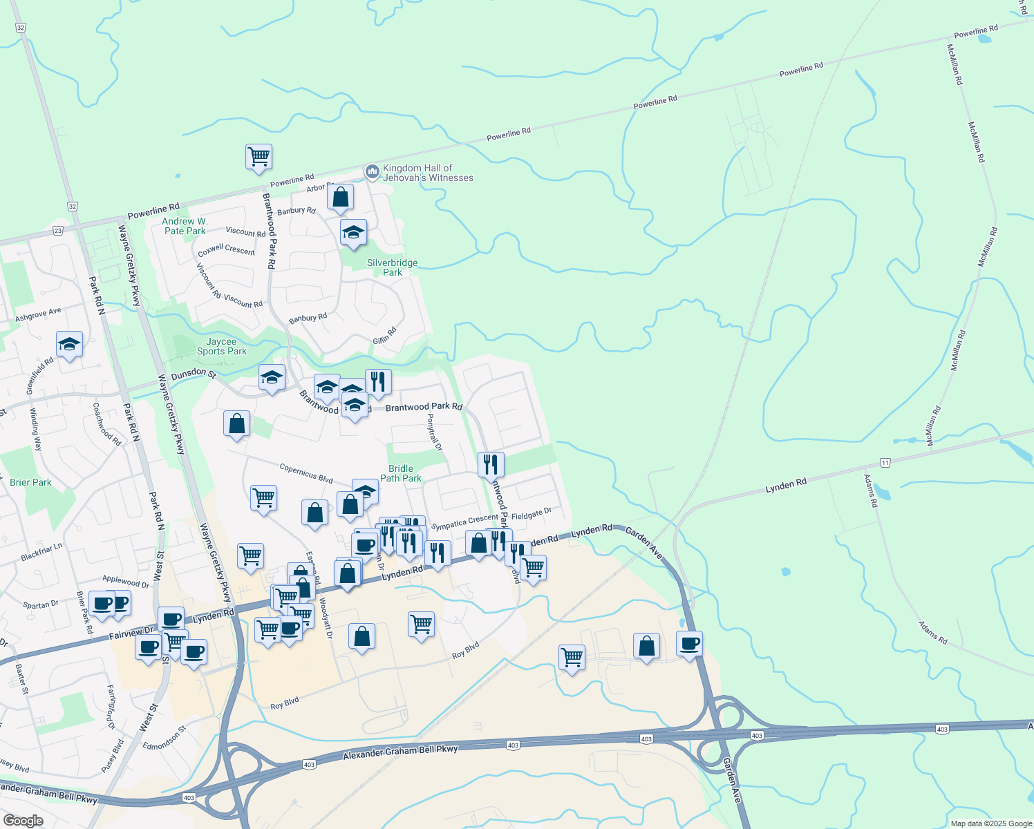 map of restaurants, bars, coffee shops, grocery stores, and more near 14 Pinto Court in Brantford