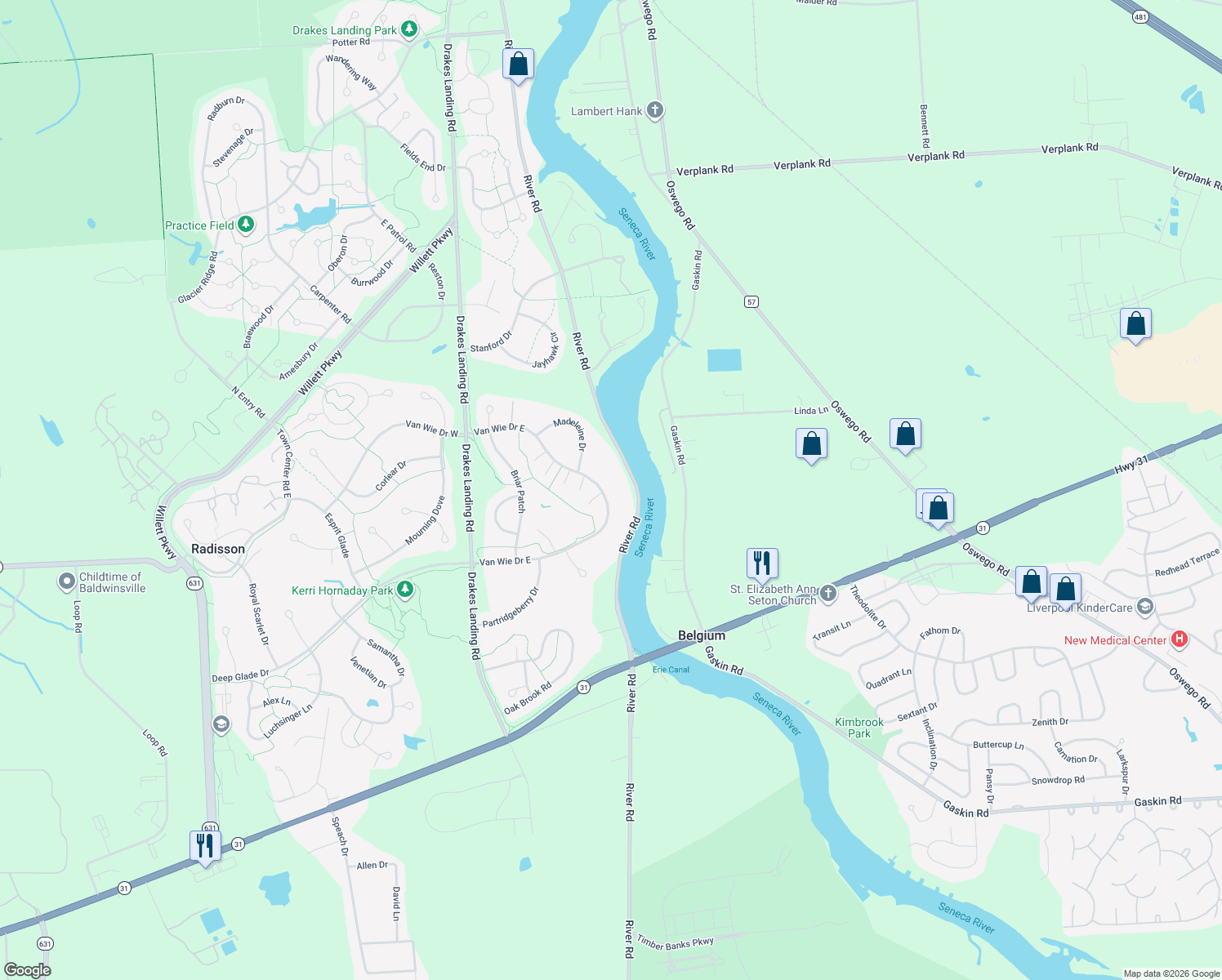 map of restaurants, bars, coffee shops, grocery stores, and more near 3442 Van Wie Dr E in Baldwinsville