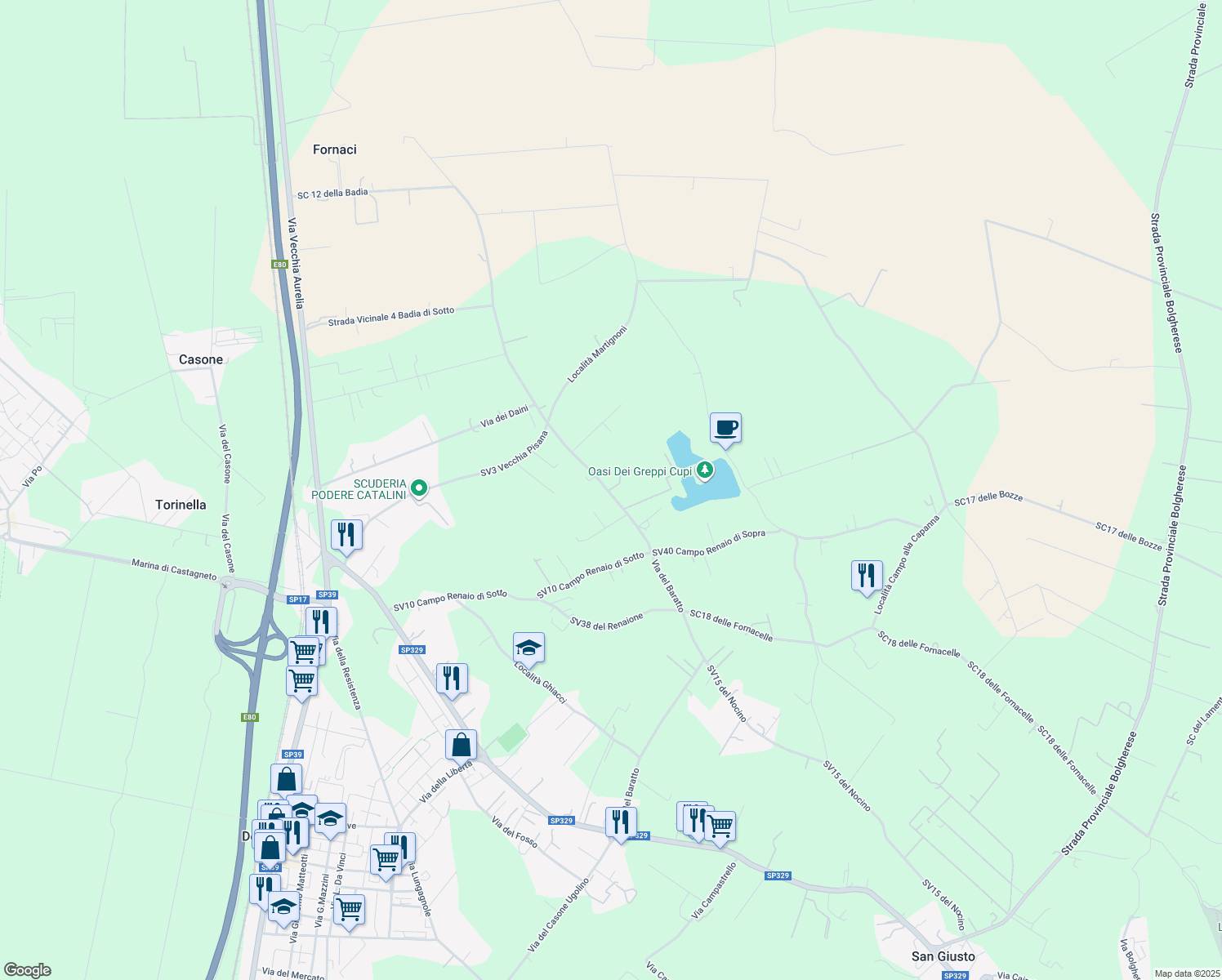 map of restaurants, bars, coffee shops, grocery stores, and more near Unnamed Road in Livorno