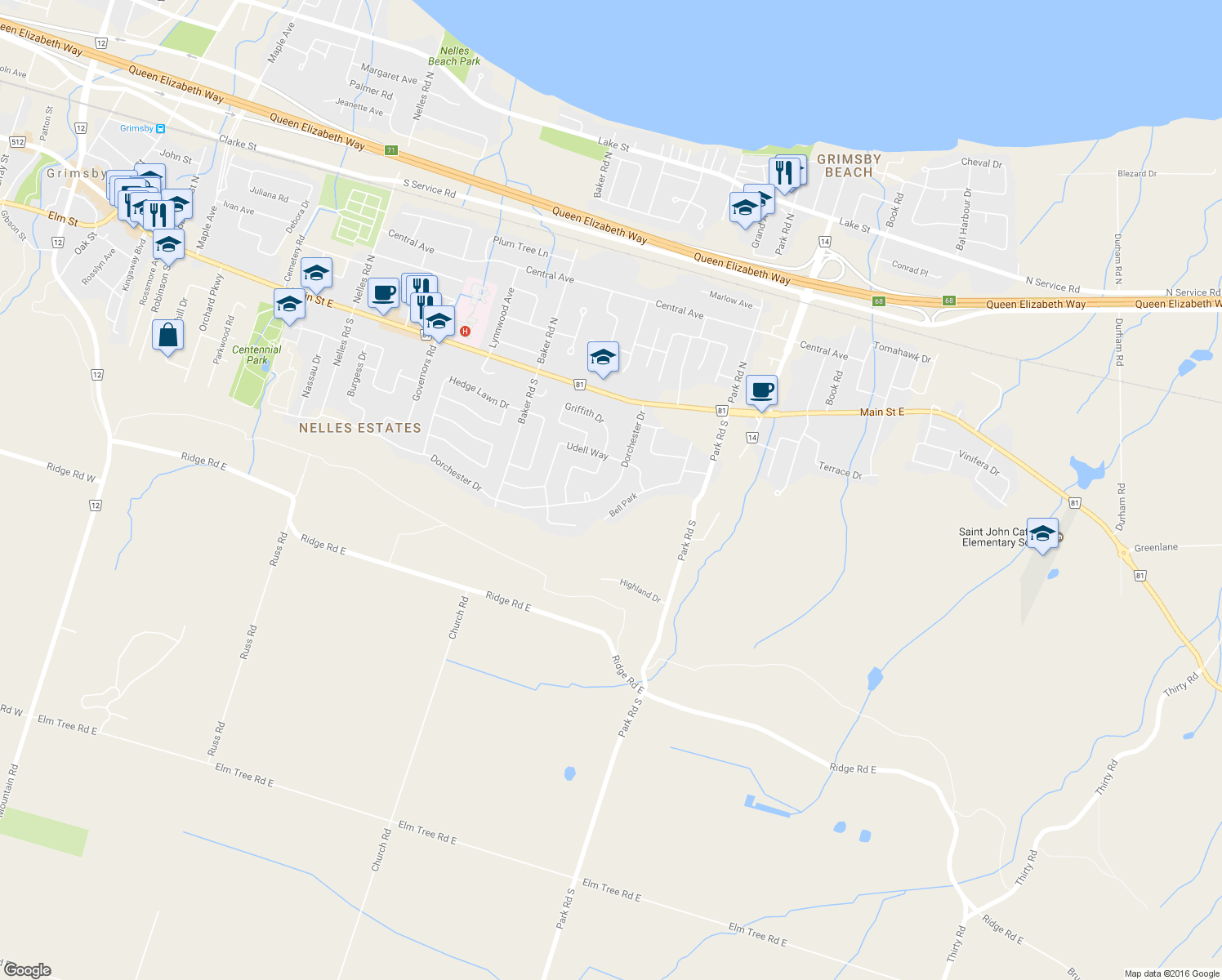 map of restaurants, bars, coffee shops, grocery stores, and more near 206 Dorchester Drive in Grimsby