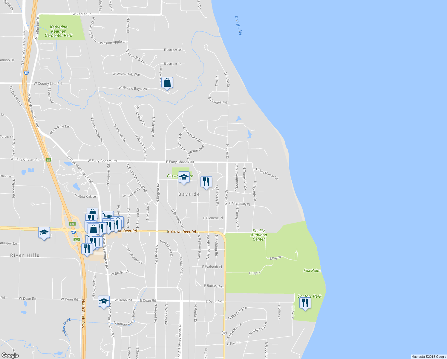 map of restaurants, bars, coffee shops, grocery stores, and more near 9093 North Lake Drive in Bayside