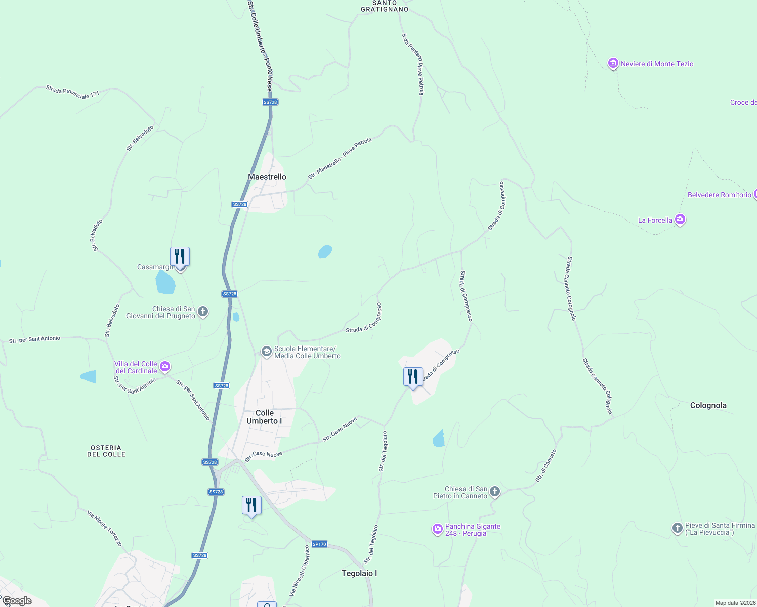 map of restaurants, bars, coffee shops, grocery stores, and more near 6 Strada di Compresso in Provincia di Perugia