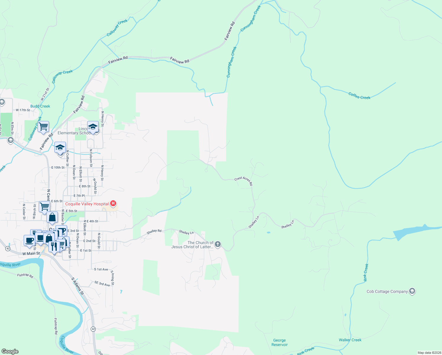 map of restaurants, bars, coffee shops, grocery stores, and more near Crest Acres Road in Coquille