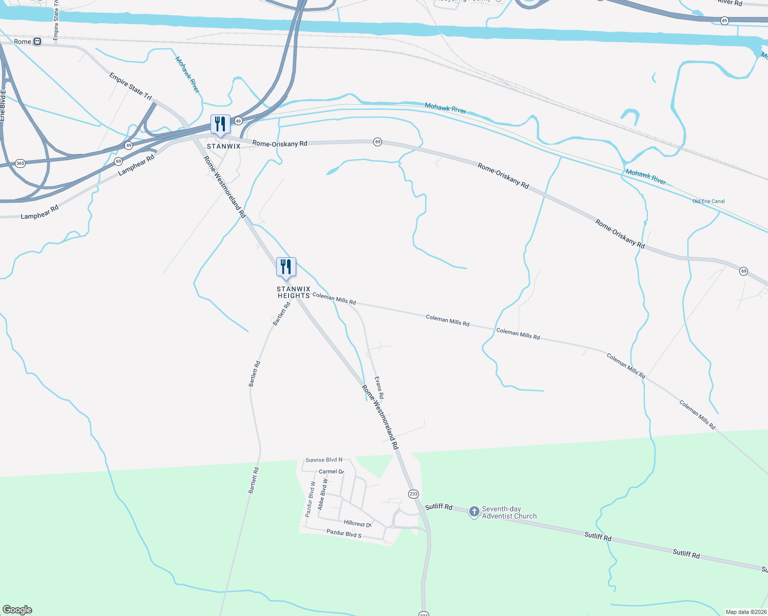 map of restaurants, bars, coffee shops, grocery stores, and more near 7045 Coleman Mills Road in Rome