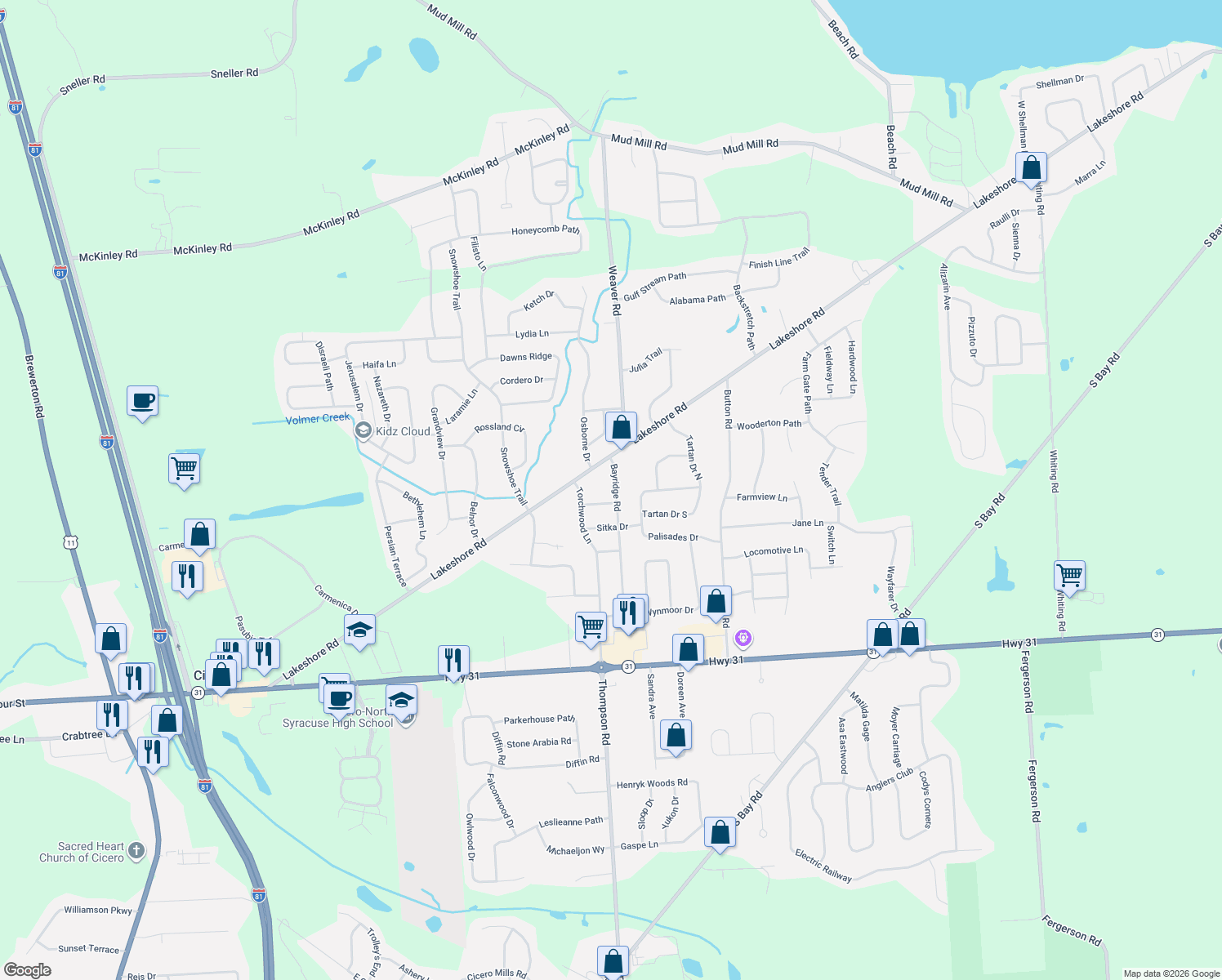 map of restaurants, bars, coffee shops, grocery stores, and more near 8509 Bayridge Rd in Cicero