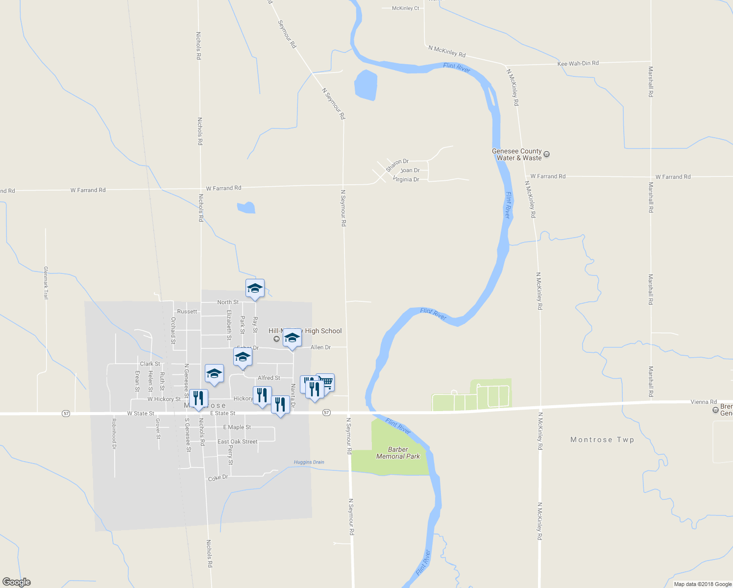 map of restaurants, bars, coffee shops, grocery stores, and more near 12266 Seymour Road in Montrose