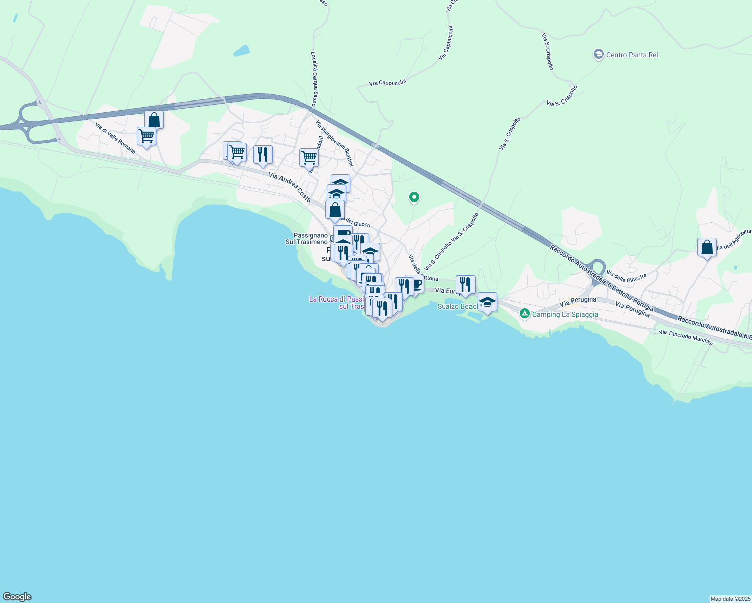 map of restaurants, bars, coffee shops, grocery stores, and more near 13 Via Guglielmo Marconi in Passignano Sul Trasimeno