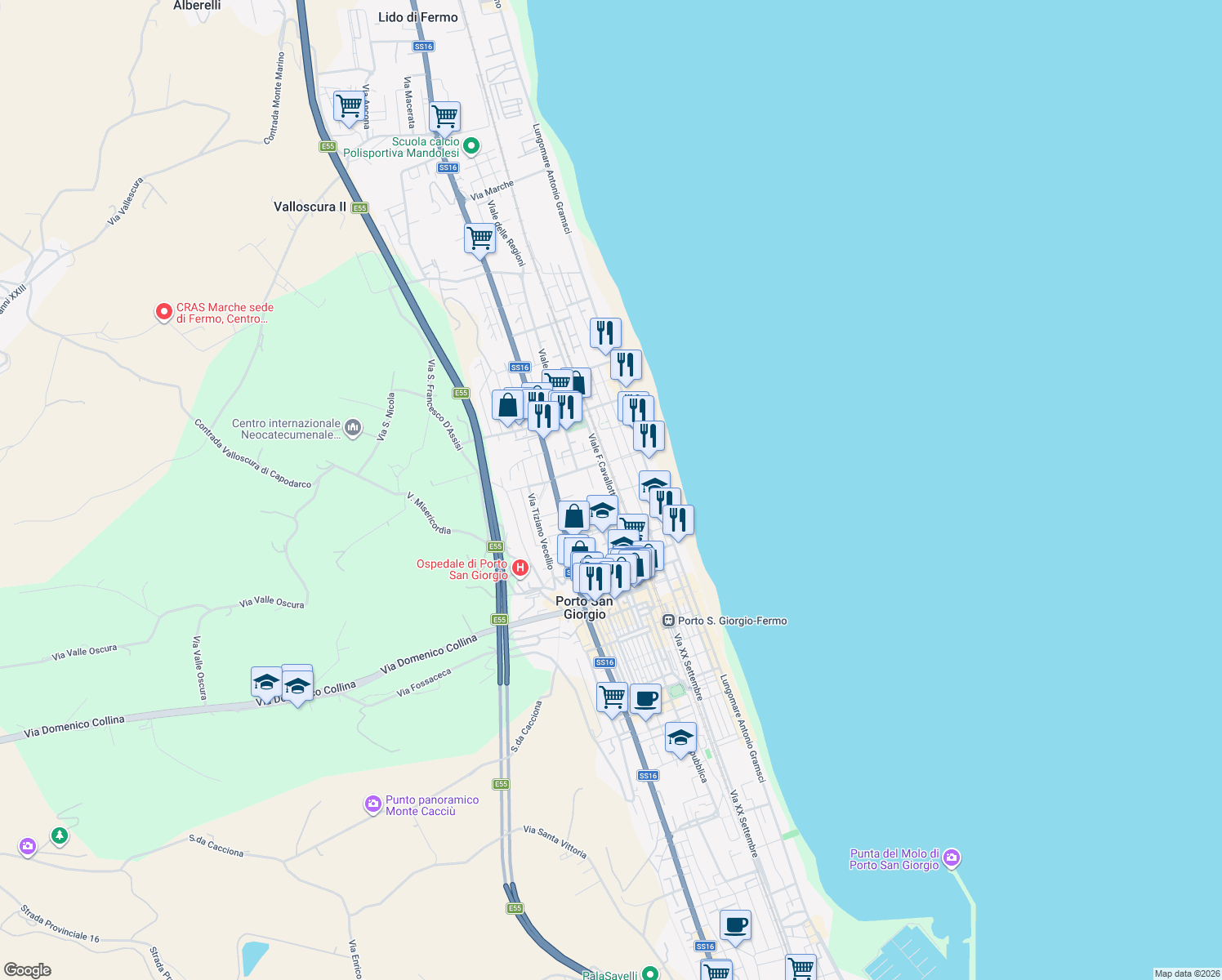 map of restaurants, bars, coffee shops, grocery stores, and more near 18 Via Firenze in Porto San Giorgio