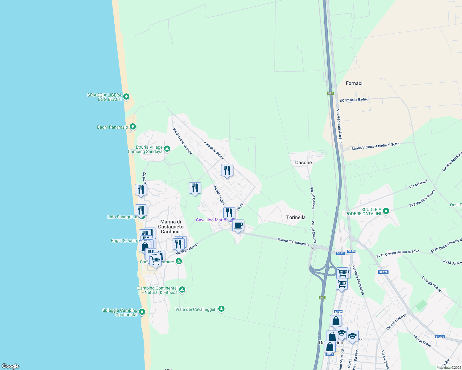 map of restaurants, bars, coffee shops, grocery stores, and more near 12 Via Ticino in Marina di Castagneto Carducci