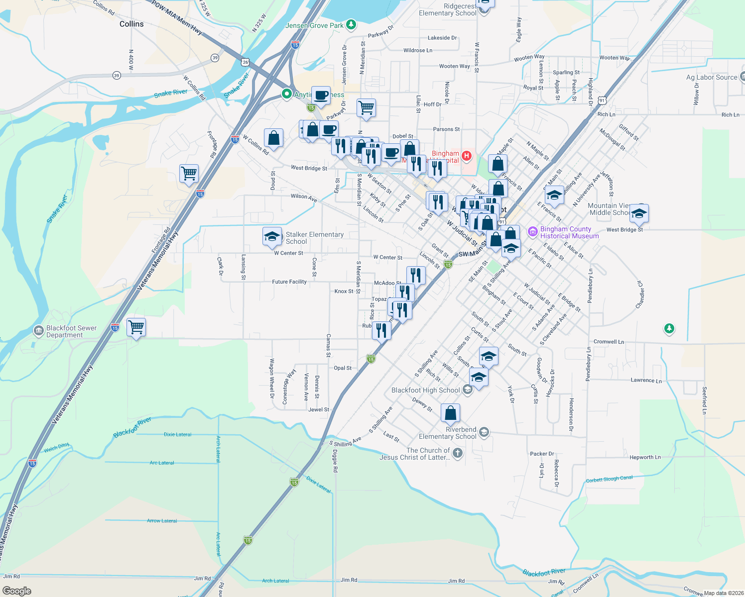 map of restaurants, bars, coffee shops, grocery stores, and more near 299 Topaz Street in Blackfoot