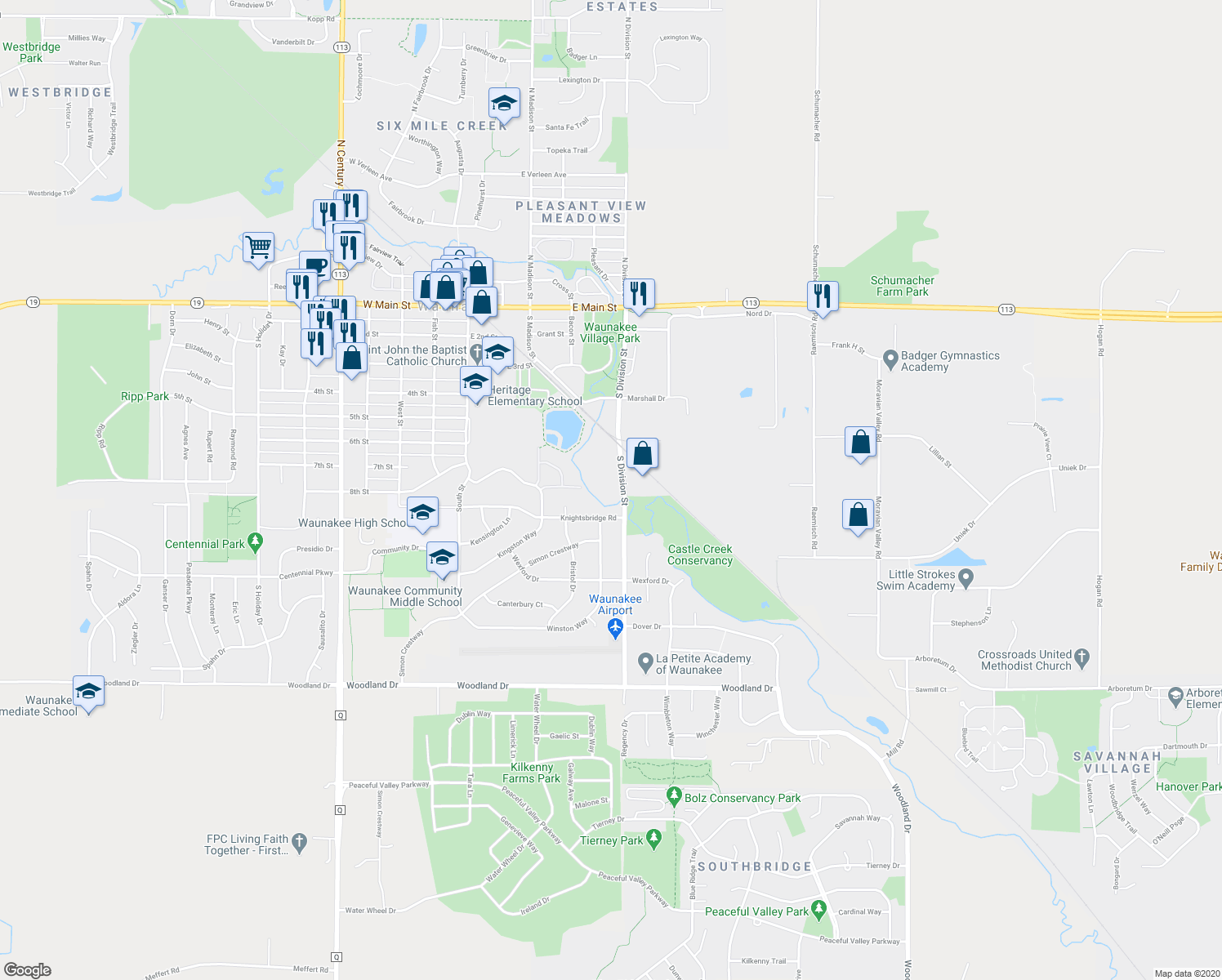 map of restaurants, bars, coffee shops, grocery stores, and more near 815 South Division Street in Waunakee