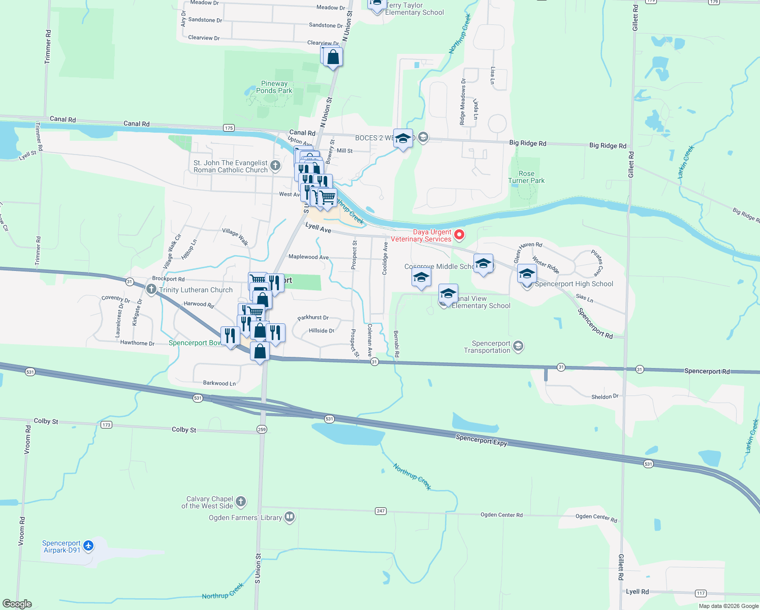 map of restaurants, bars, coffee shops, grocery stores, and more near 121 Coolidge Ave in Spencerport