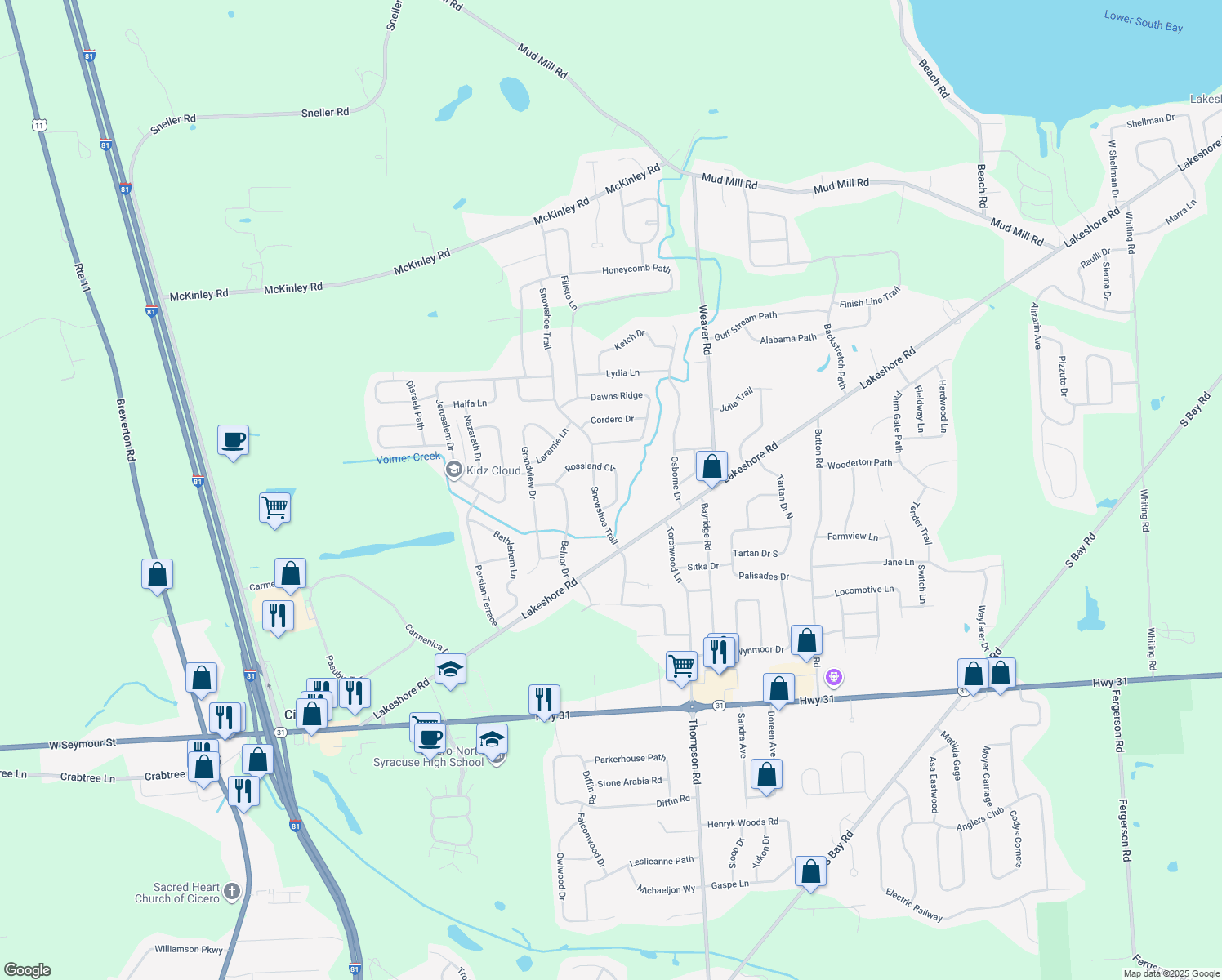 map of restaurants, bars, coffee shops, grocery stores, and more near 6122 Rossland Cir in Cicero