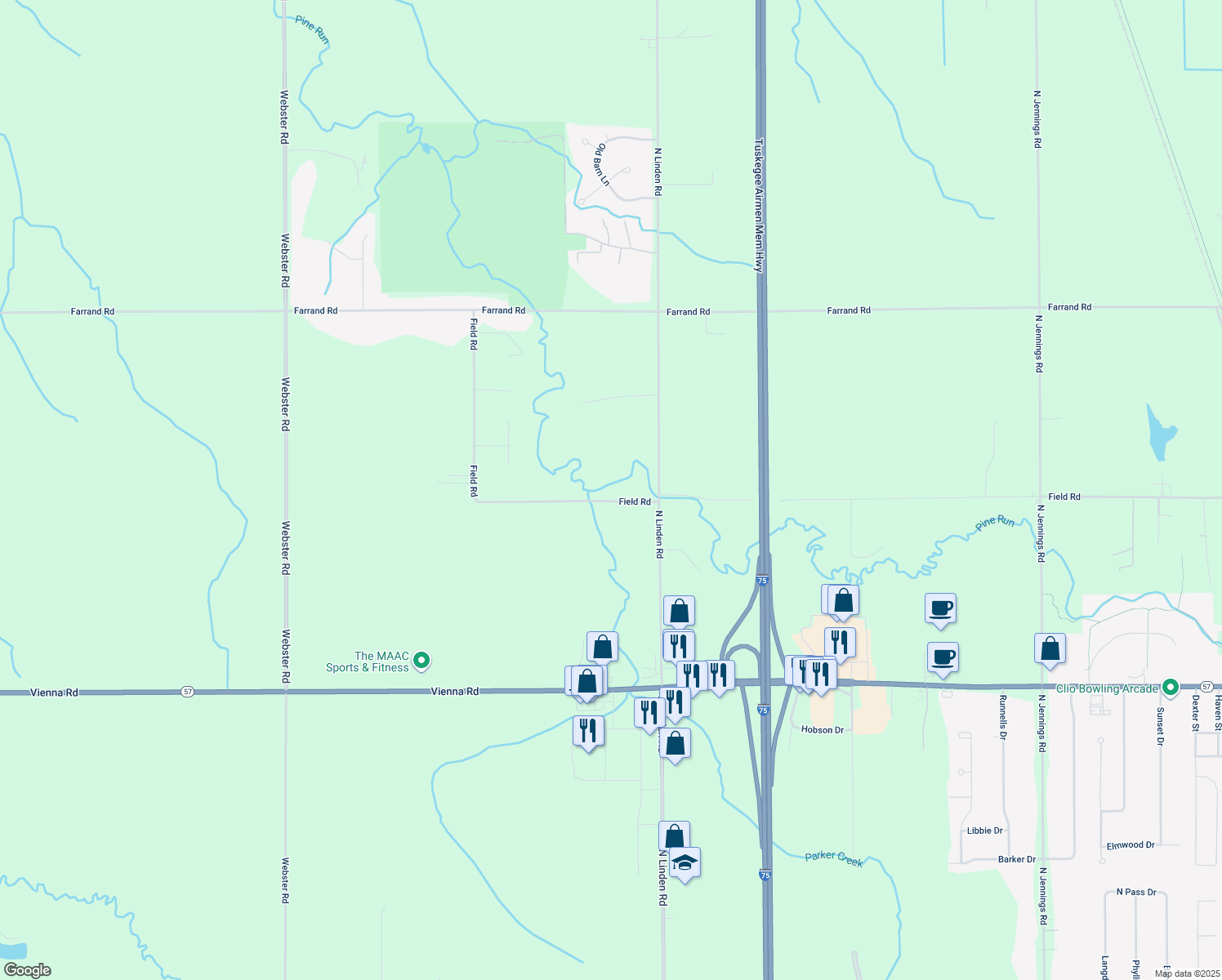 map of restaurants, bars, coffee shops, grocery stores, and more near 5074 Field Rd in Clio