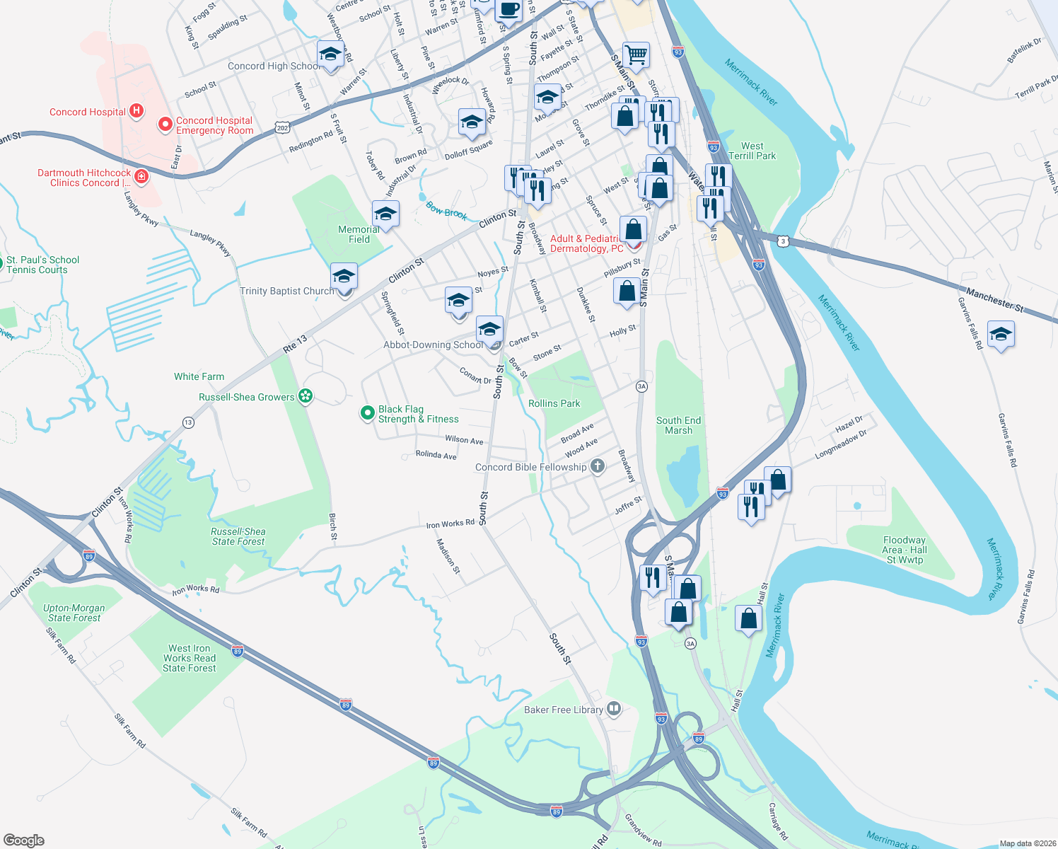 map of restaurants, bars, coffee shops, grocery stores, and more near 15 Brookside Dr in Concord