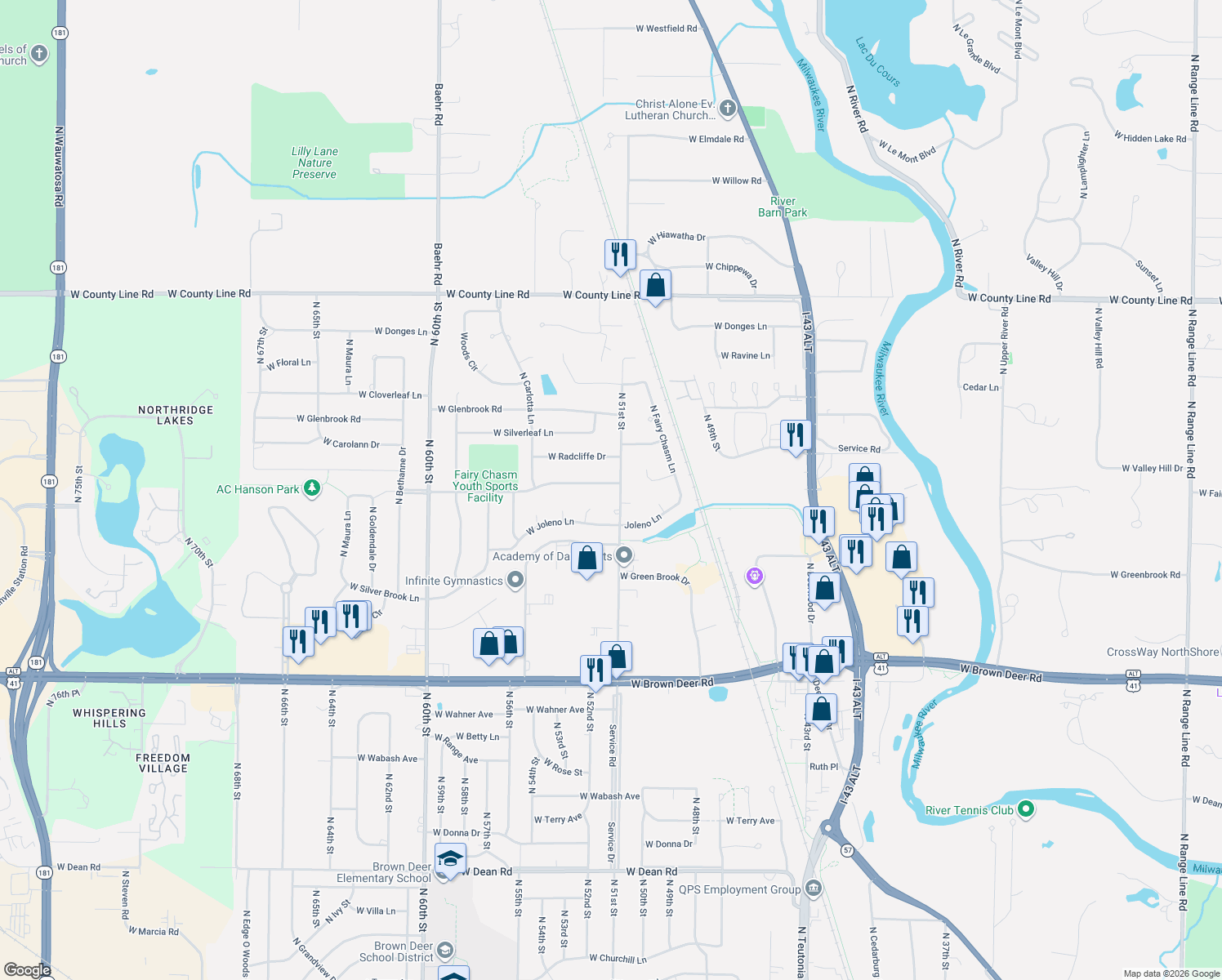 map of restaurants, bars, coffee shops, grocery stores, and more near 5111 West Fairy Chasm Road in Brown Deer