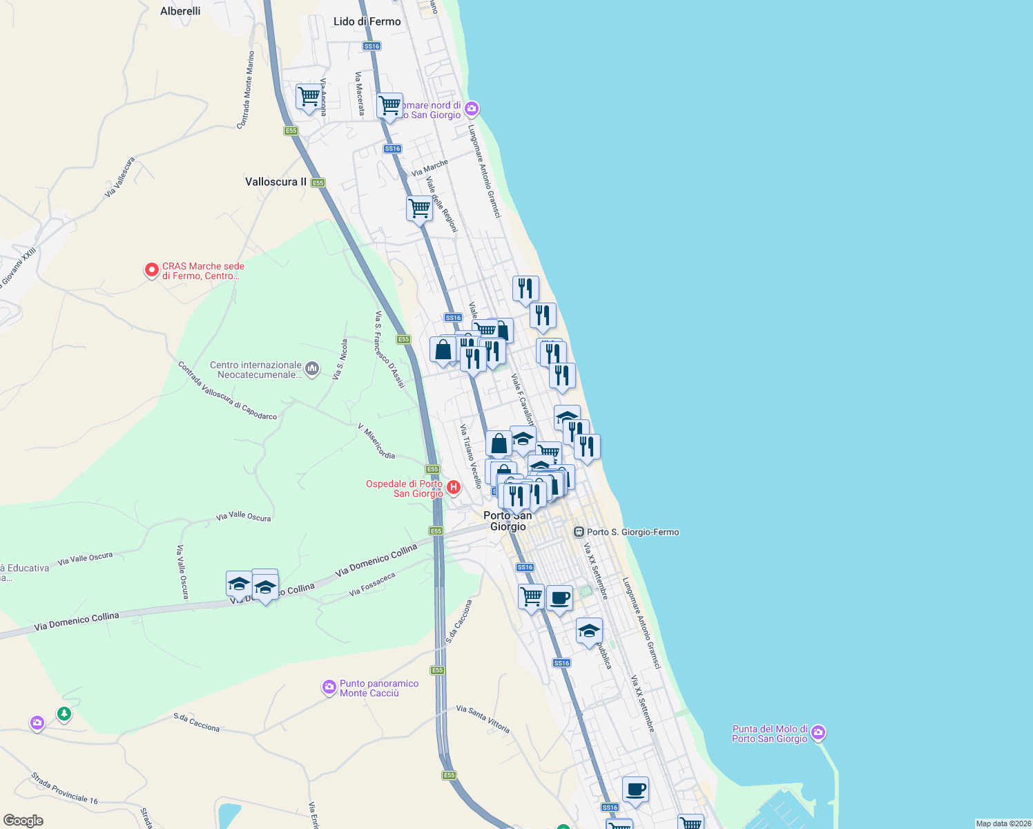 map of restaurants, bars, coffee shops, grocery stores, and more near 18 Via Firenze in Porto San Giorgio