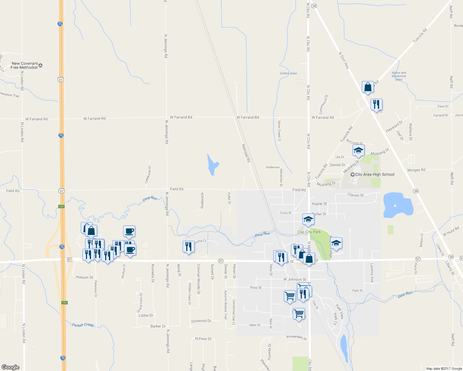 map of restaurants, bars, coffee shops, grocery stores, and more near 3282 Field Road in Clio