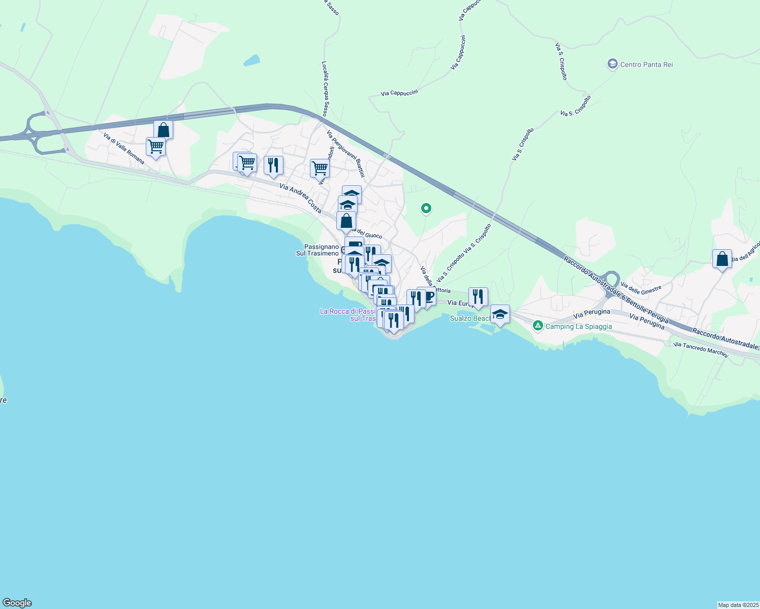 map of restaurants, bars, coffee shops, grocery stores, and more near 13 Via Guglielmo Marconi in Passignano Sul Trasimeno