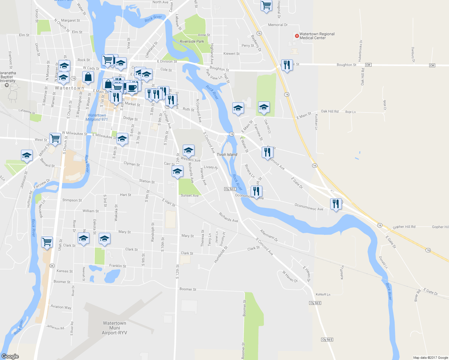 map of restaurants, bars, coffee shops, grocery stores, and more near 915 Quirk Place in Watertown