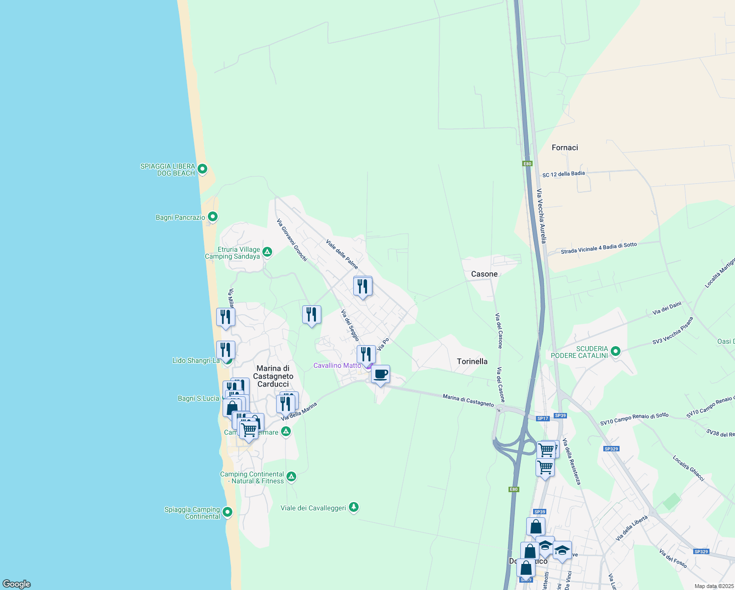 map of restaurants, bars, coffee shops, grocery stores, and more near 12 Via Ticino in Marina di Castagneto Carducci