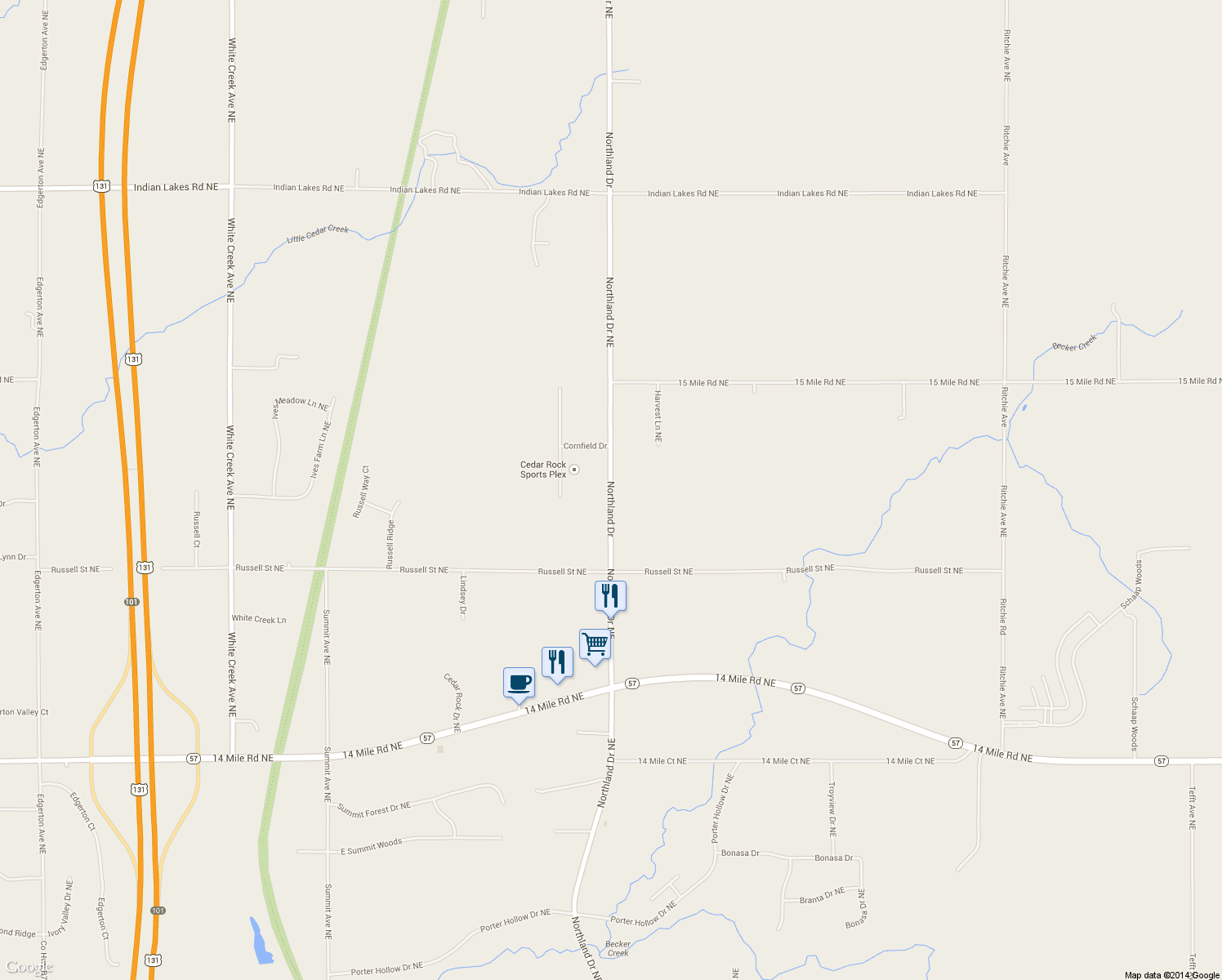 map of restaurants, bars, coffee shops, grocery stores, and more near 12220 Northland Drive Northeast in Cedar Springs