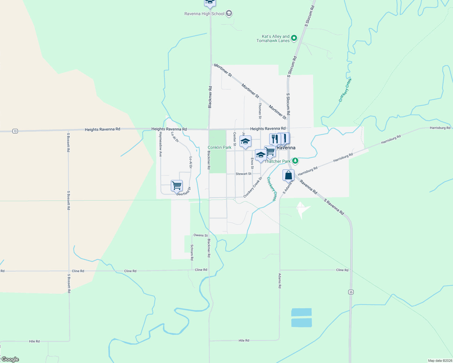 map of restaurants, bars, coffee shops, grocery stores, and more near 3743 Conklin Street in Ravenna