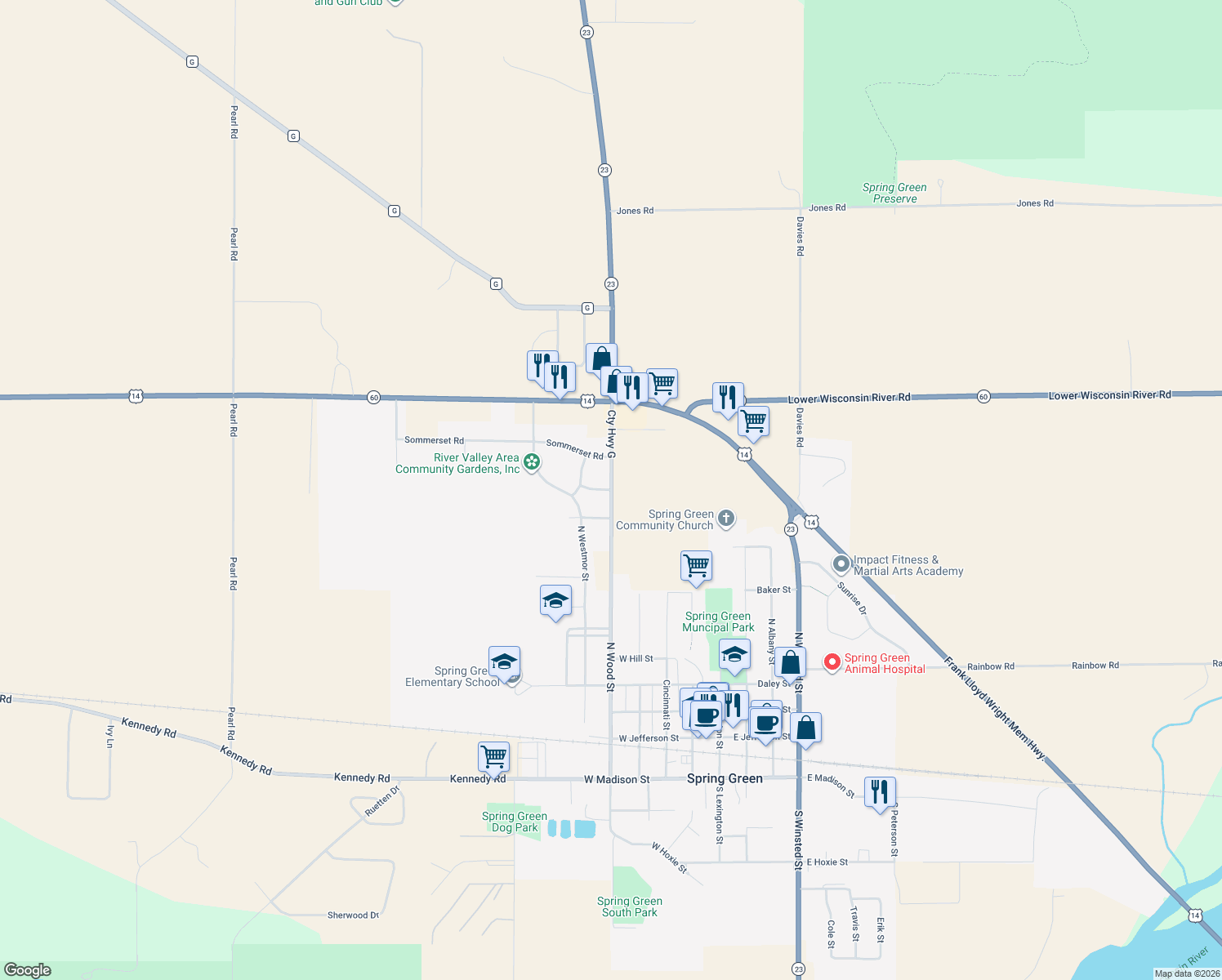 map of restaurants, bars, coffee shops, grocery stores, and more near Cty Highway G in Spring Green