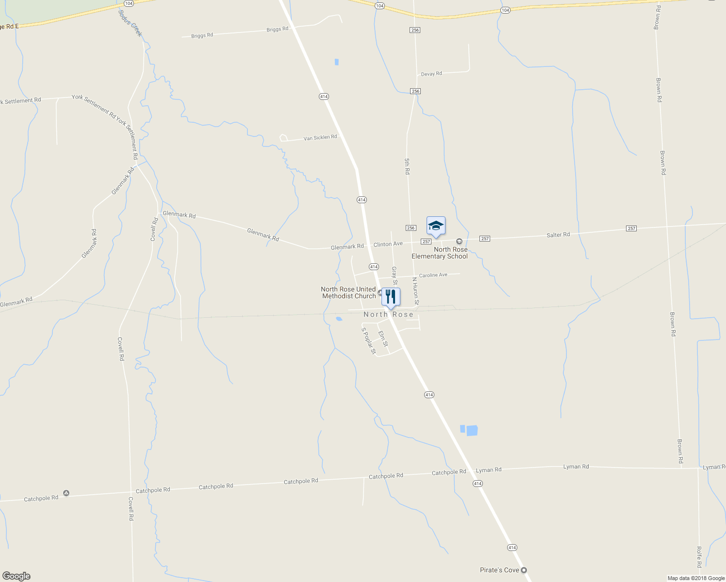 map of restaurants, bars, coffee shops, grocery stores, and more near 5062 North Poplar Street in North Rose