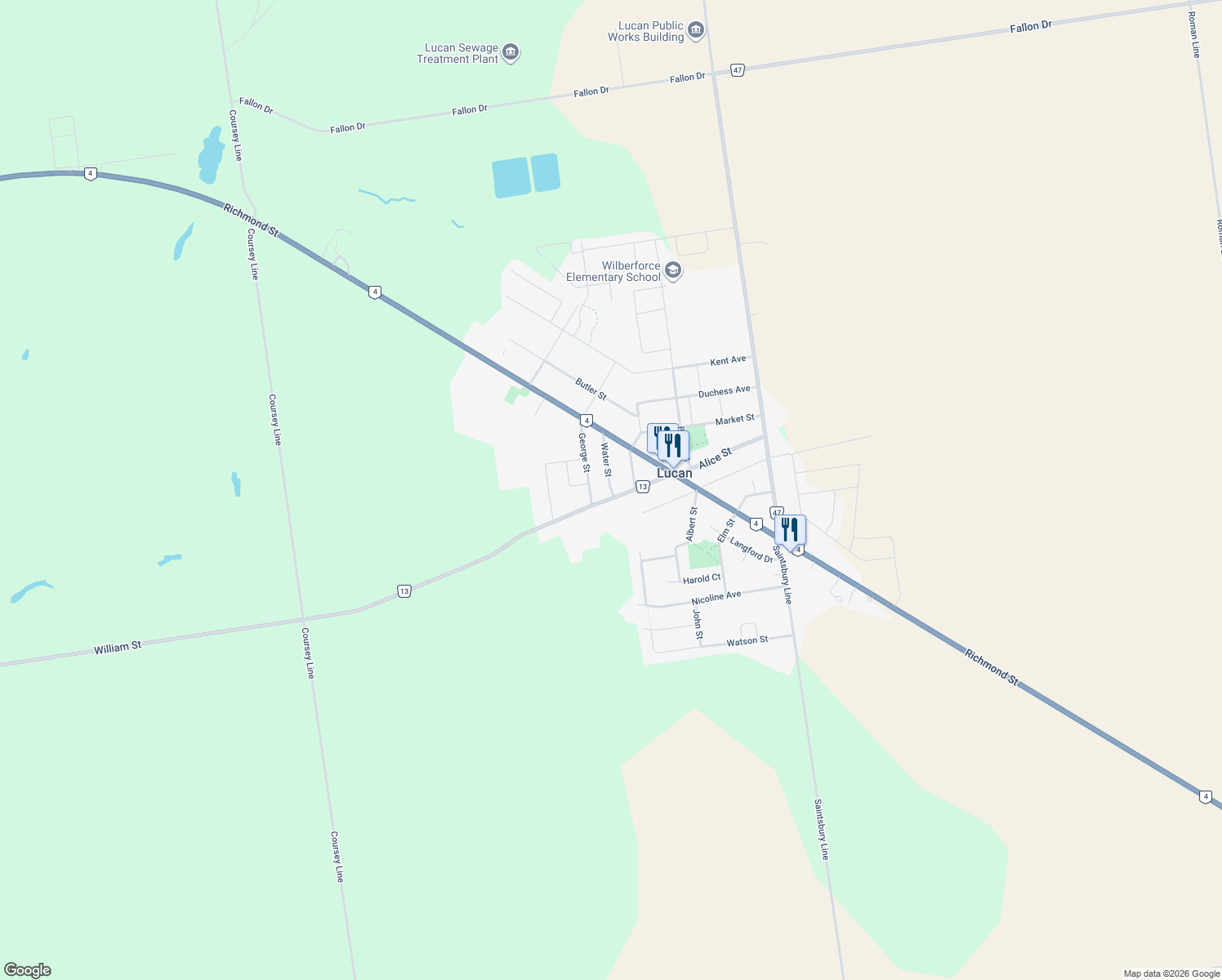 map of restaurants, bars, coffee shops, grocery stores, and more near 184 Water Street in Lucan