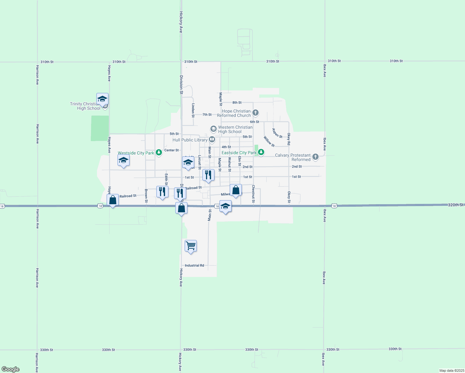 map of restaurants, bars, coffee shops, grocery stores, and more near 1299 Railroad Street in Hull