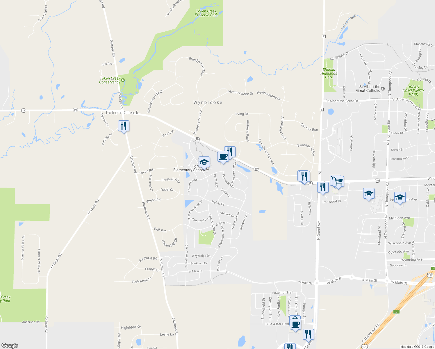 map of restaurants, bars, coffee shops, grocery stores, and more near 593 Berwick Drive in Sun Prairie