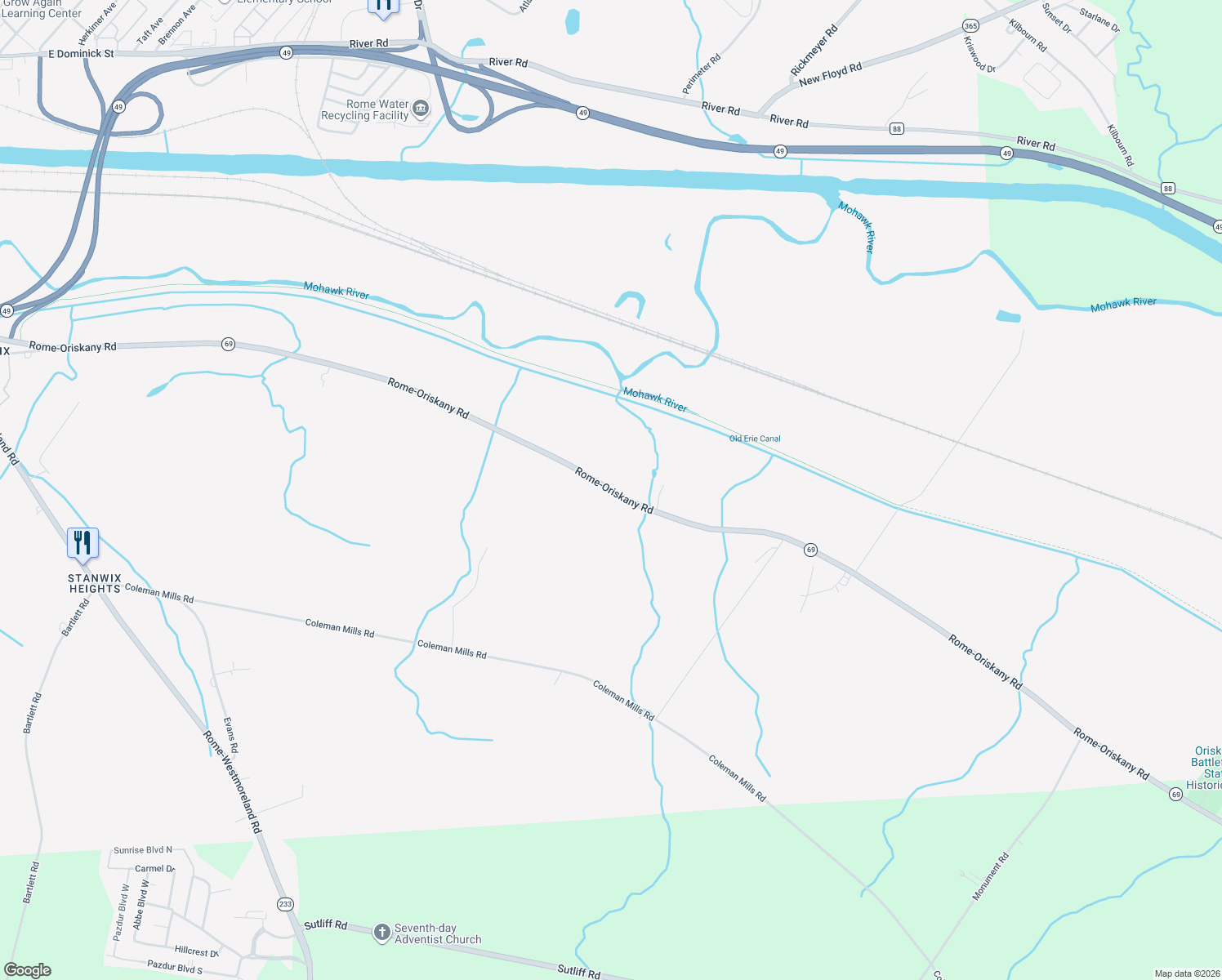 map of restaurants, bars, coffee shops, grocery stores, and more near 7449 Rome-Oriskany Road in Rome