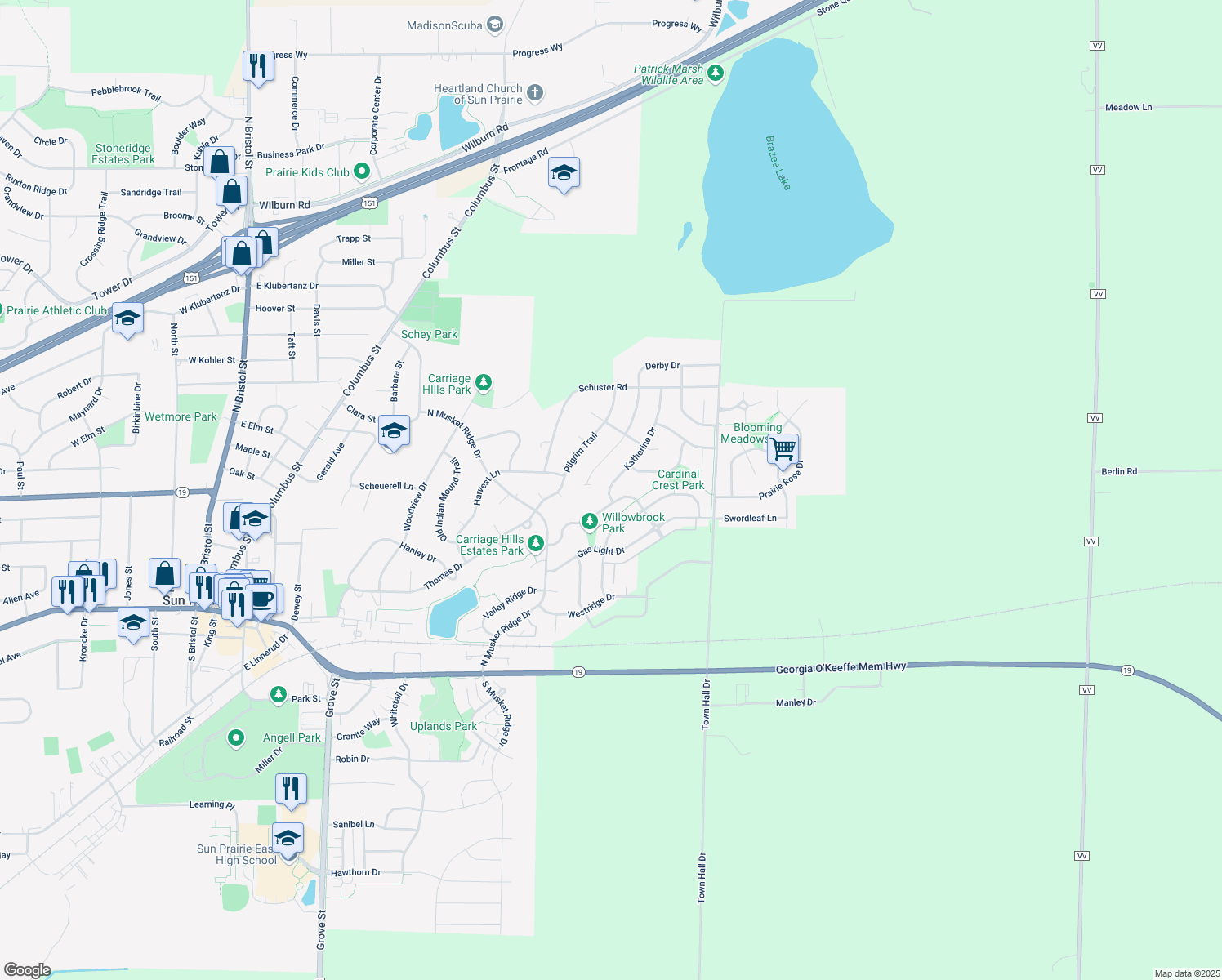 map of restaurants, bars, coffee shops, grocery stores, and more near 771 Katherine Dr in Sun Prairie