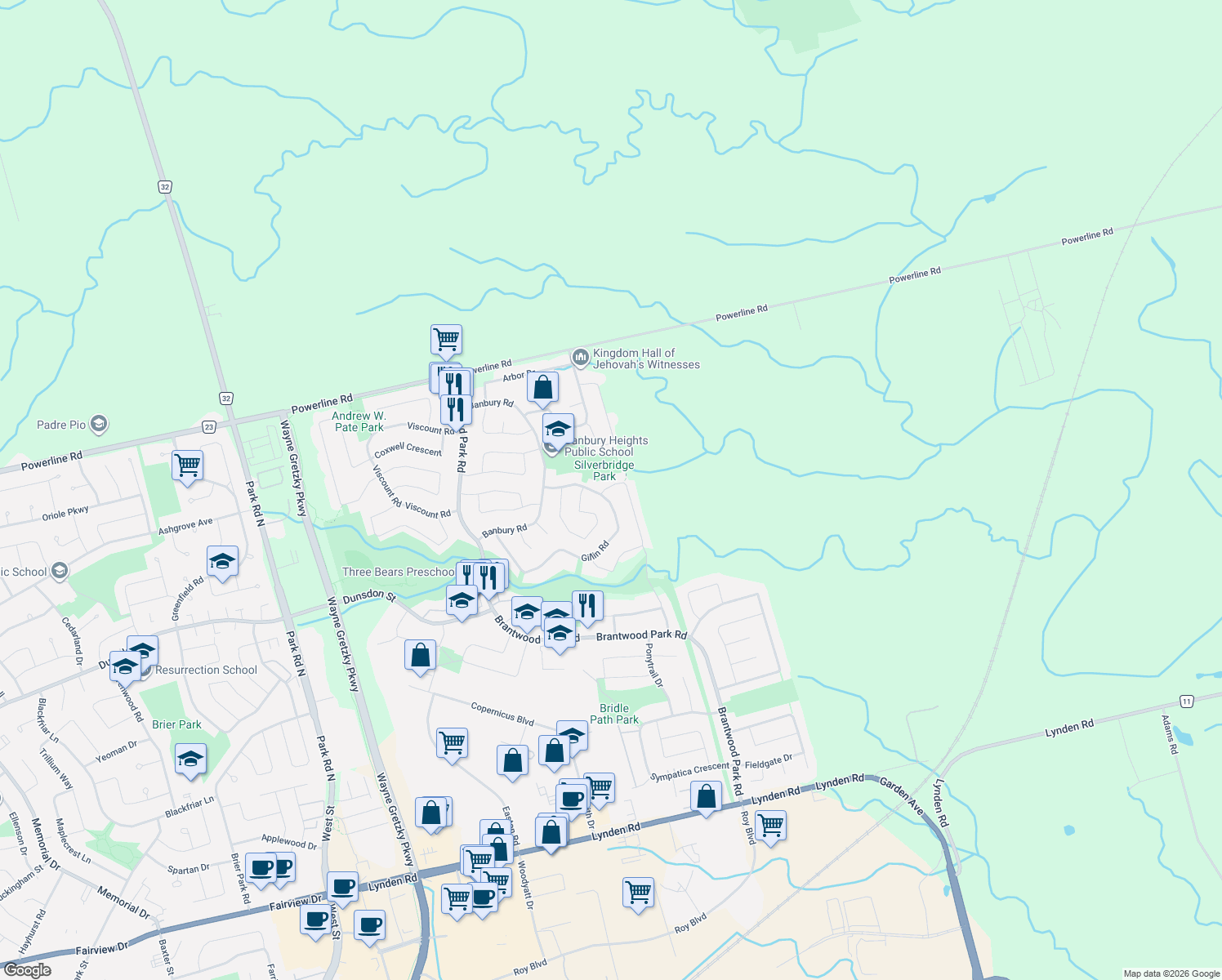 map of restaurants, bars, coffee shops, grocery stores, and more near 4 Ludlow Crescent in Brantford