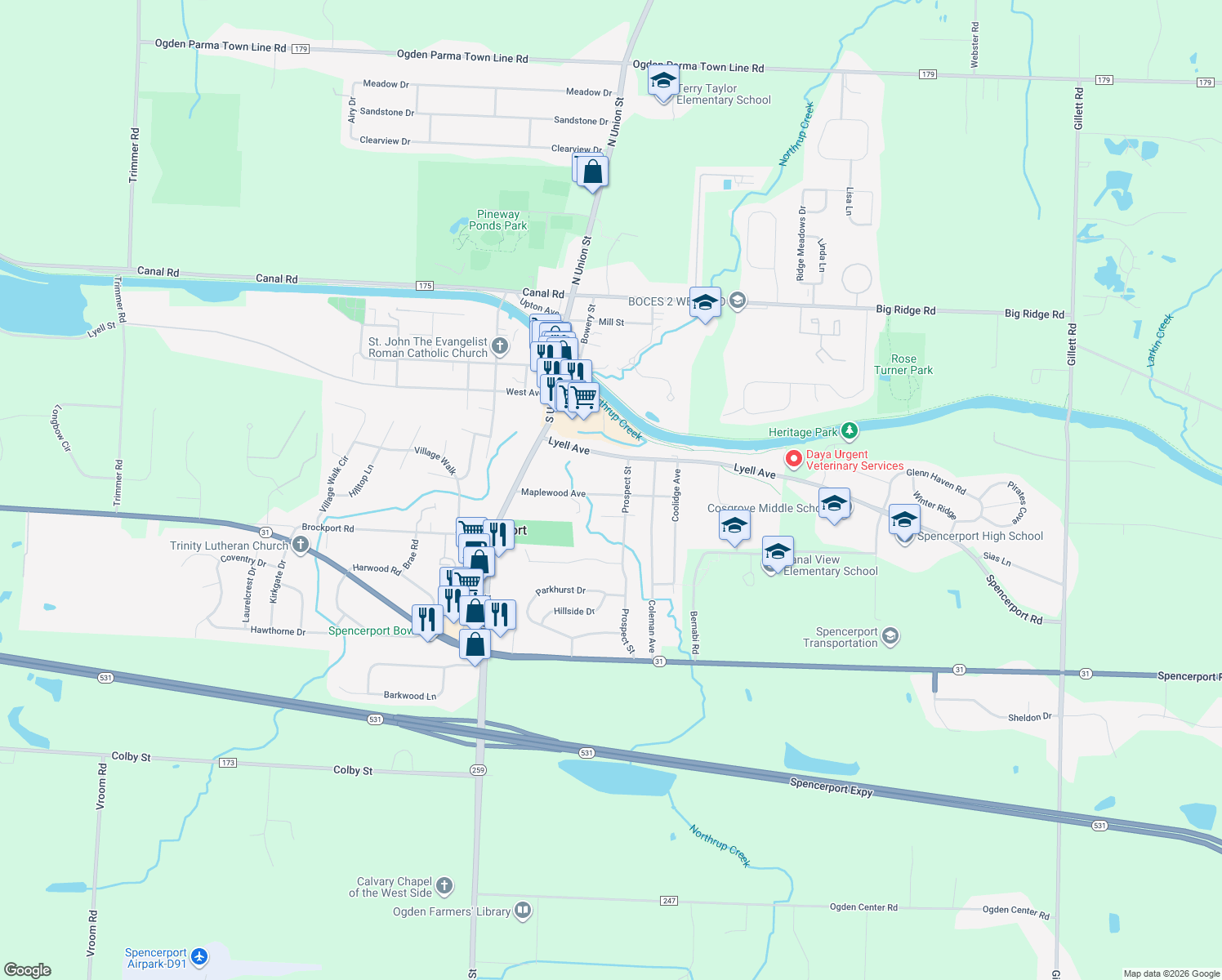 map of restaurants, bars, coffee shops, grocery stores, and more near 84 Maplewood Avenue in Spencerport